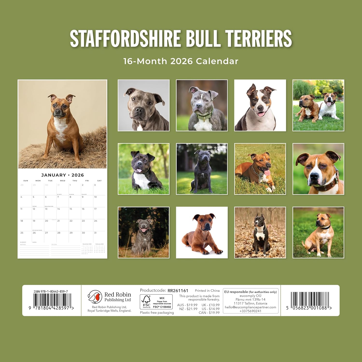 Red Robin 2026 Staffordshire Bull Terriers Monthly Wall Calendar | 12" x 24" Open | Premium Thick & Sturdy Paper | Hangable 12 Month Calendar | Lined Notes & To Do Area | Vivid Images | Plastic Free
