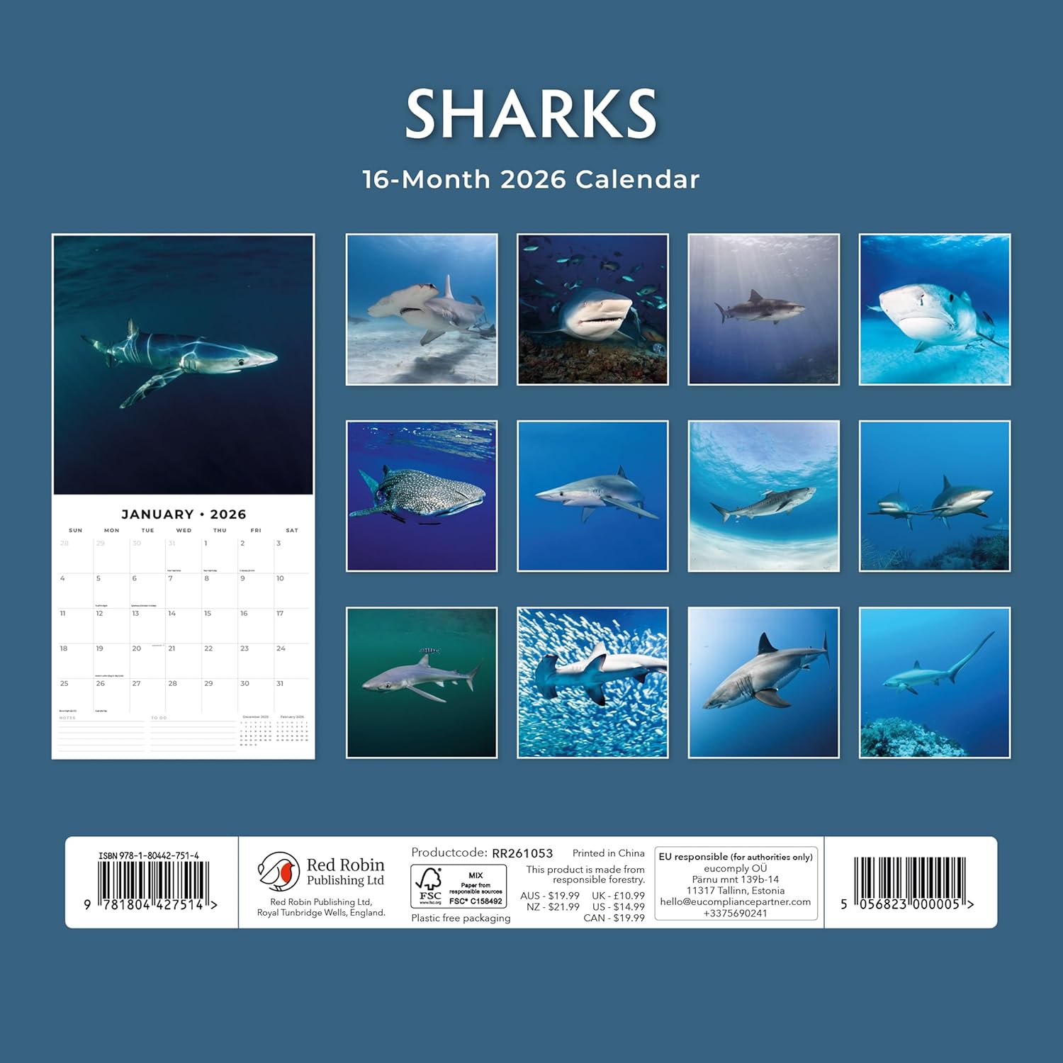 Red Robin 2026 Sharks Monthly Wall Calendar | 12" x 24" Open | Premium Thick & Sturdy Paper | Hangable 12 Month Calendar | Lined Notes & To Do Area | Vivid Images | Plastic Free