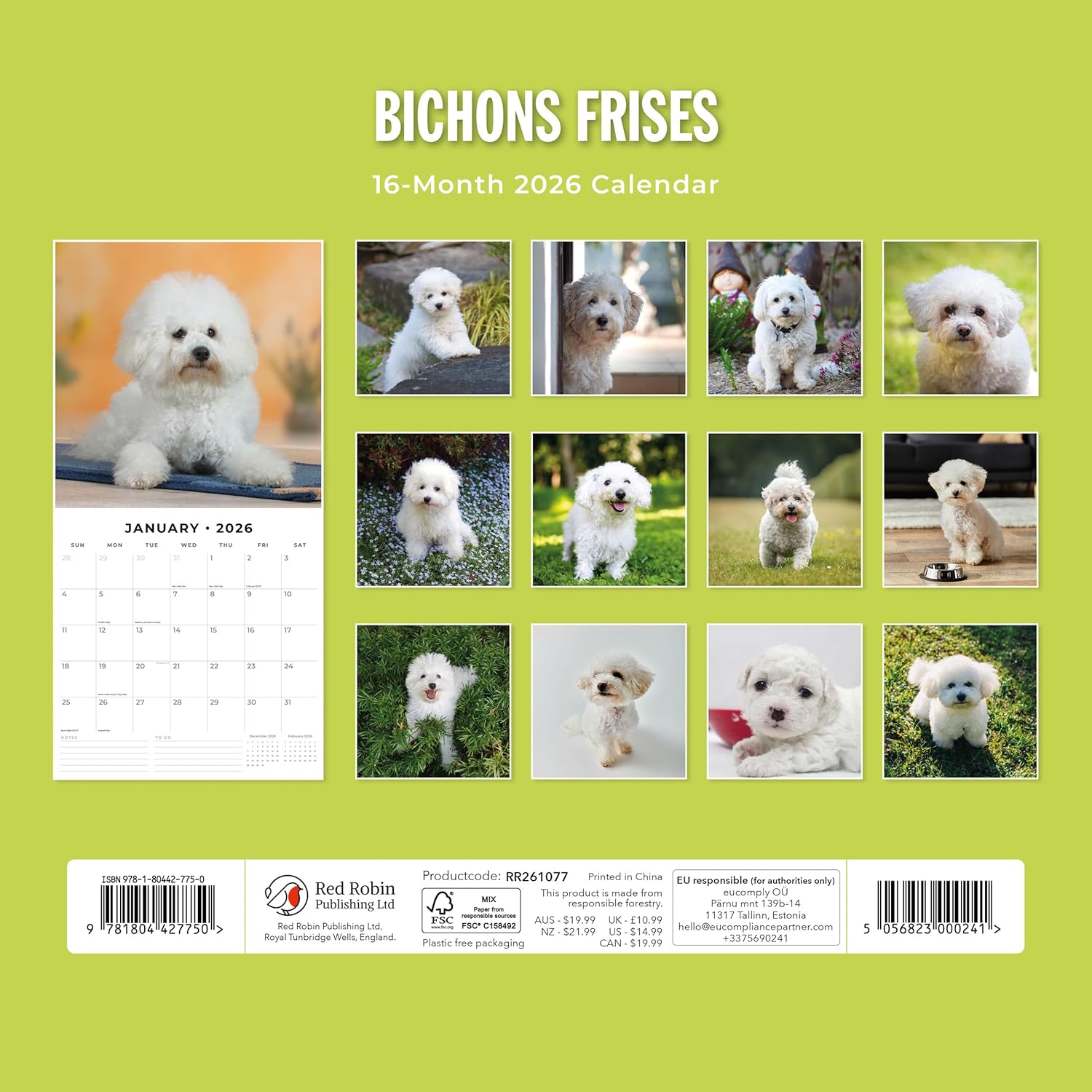 Red Robin 2026 Bichons Frises Monthly Wall Calendar | 12" x 24" Open | Premium Thick & Sturdy Paper | Hangable 12 Month Calendar | Lined Notes & To Do Area | Vivid Images | Plastic Free