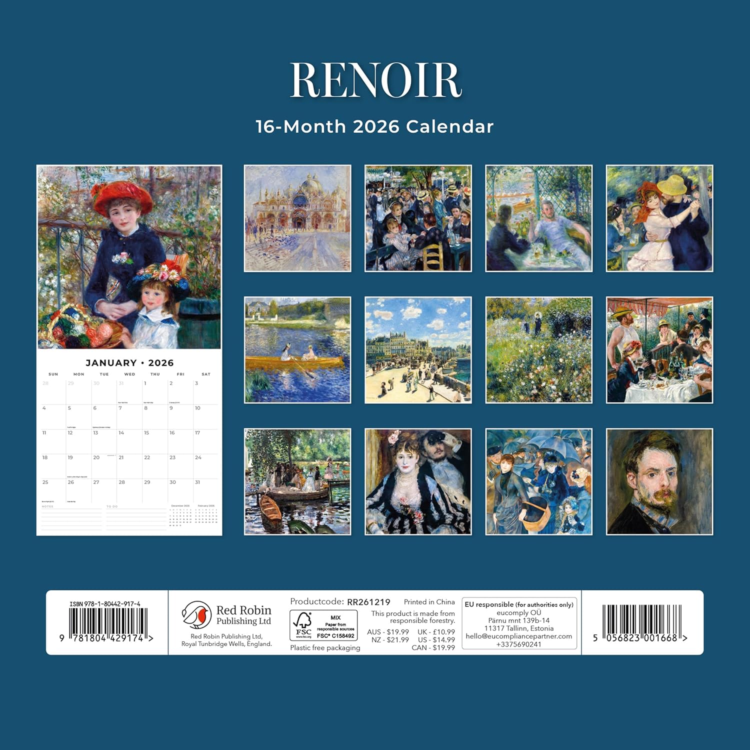 Red Robin 2026 Renoir Monthly Wall Calendar | 12" x 24" Open | Premium Thick & Sturdy Paper | Hangable 12 Month Calendar | Lined Notes & To Do Area | Vivid Images | Plastic Free