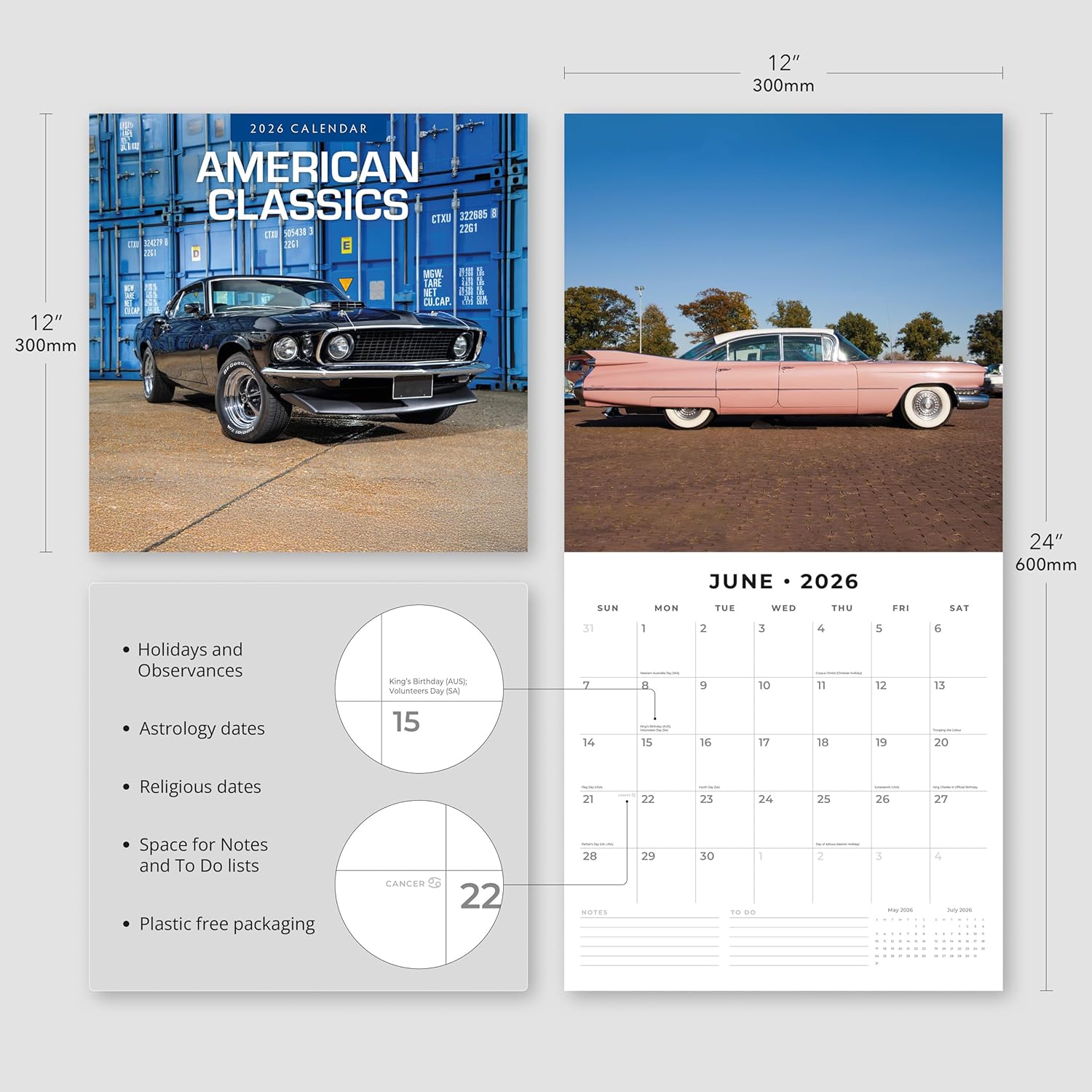 Red Robin 2026 American Classic Cars Monthly Wall Calendar | 12" x 24" Open | Premium Thick & Sturdy Paper | Hangable 12 Month Calendar | Lined Notes & To Do Area | Vivid Images | Plastic Free