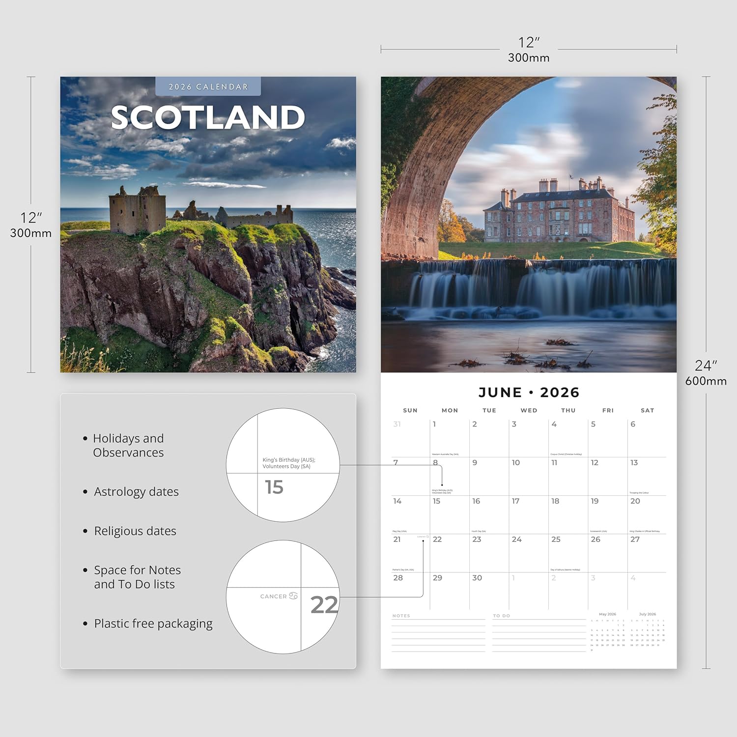 Red Robin 2026 Scotland Monthly Wall Calendar | 12" x 24" Open | Premium Thick & Sturdy Paper | Hangable 12 Month Calendar | Lined Notes & To Do Area | Vivid Images | Plastic Free