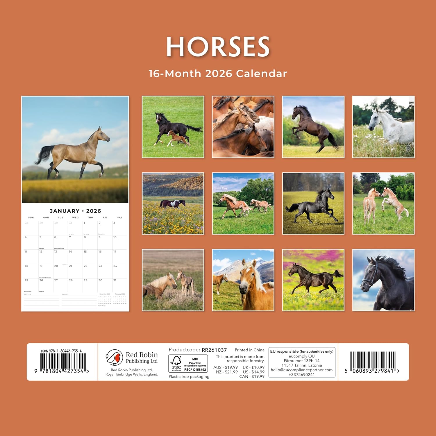 Red Robin 2026 Horses Monthly Wall Calendar | 12" x 24" Open | Premium Thick & Sturdy Paper | Hangable 12 Month Calendar | Lined Notes & To Do Area | Vivid Images | Plastic Free