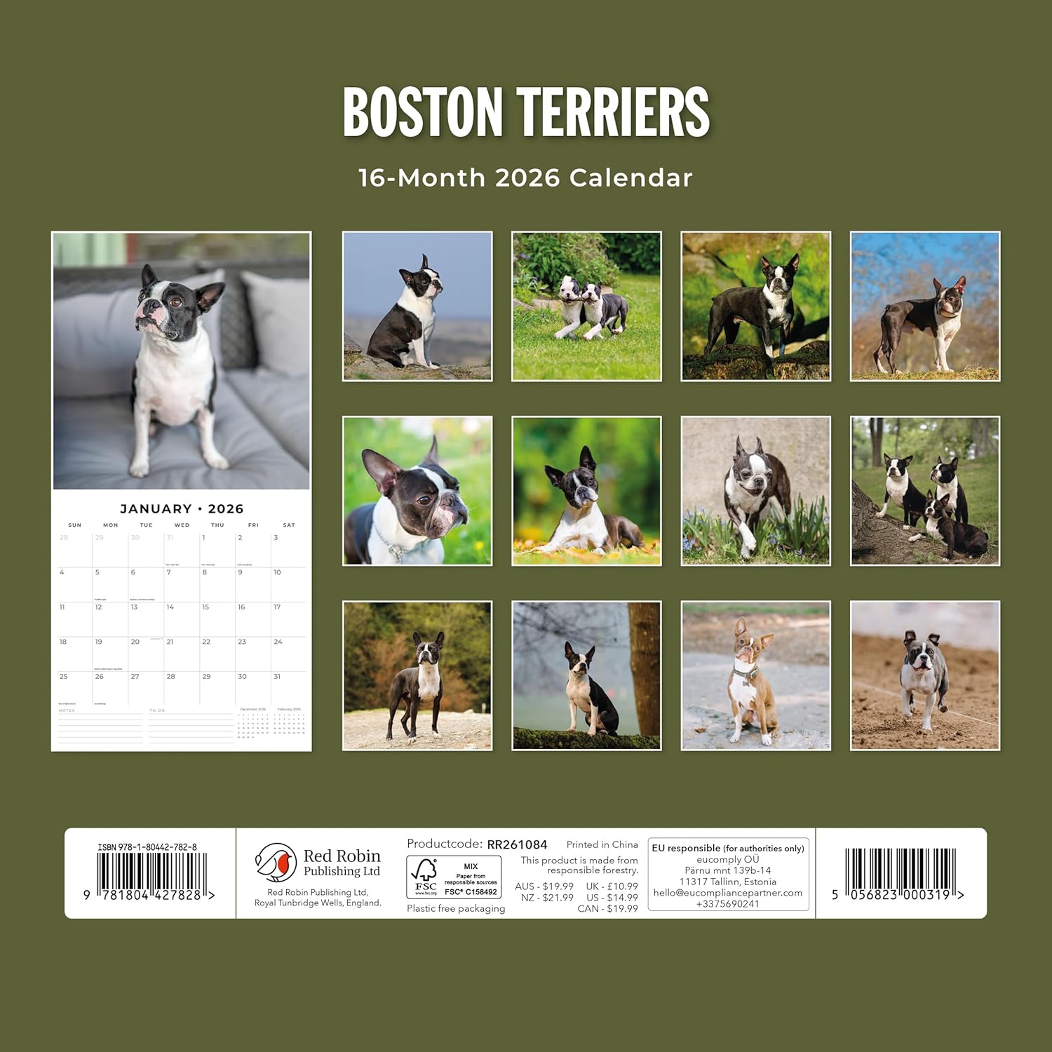 Red Robin 2026 Boston Terriers Monthly Wall Calendar | 12" x 24" Open | Premium Thick & Sturdy Paper | Hangable 12 Month Calendar | Lined Notes & To Do Area | Vivid Images | Plastic Free