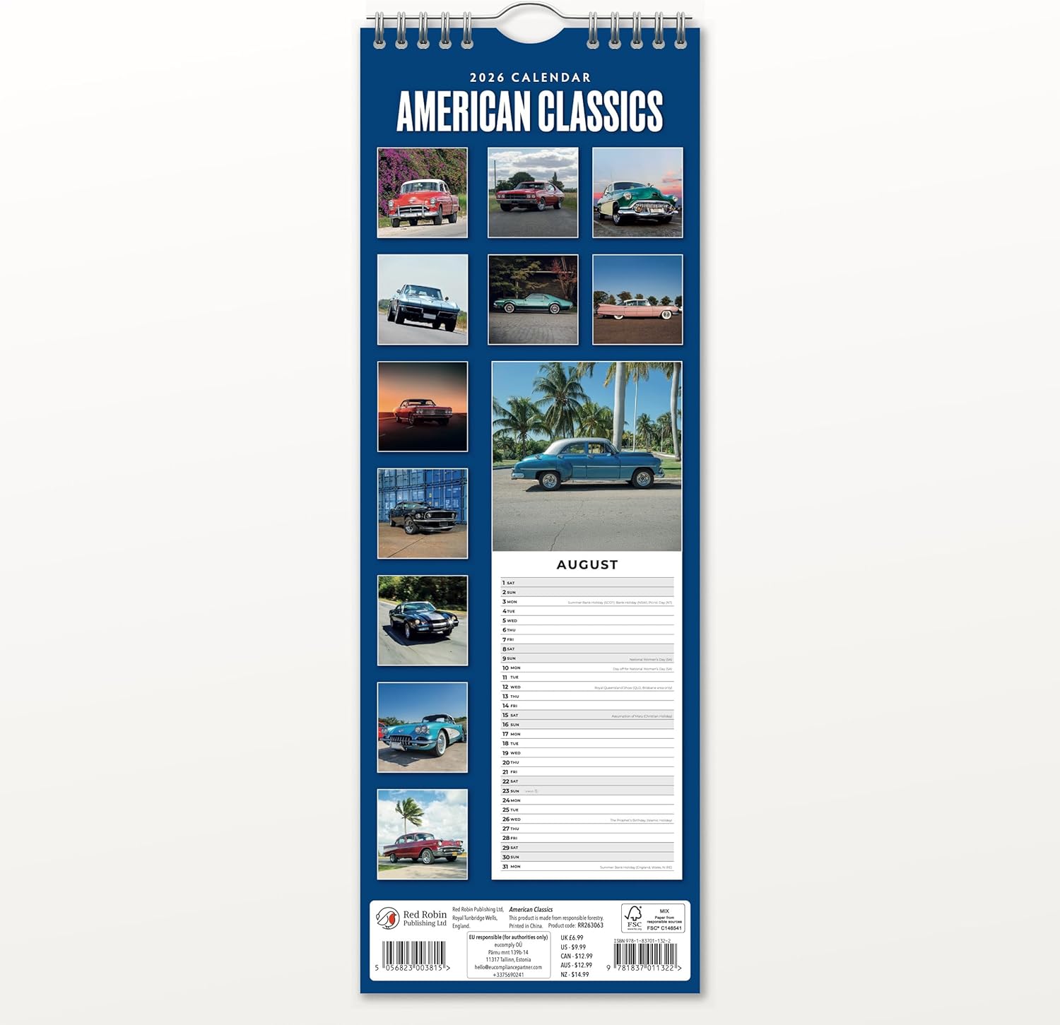 Red Robin 2026 American Classics Monthly Slim Calendar | 6" x 16" Open | Premium Thick & Sturdy Paper | Tall Hangable 12 Month Calendar | Vivid Images | Plastic Free | Wire Spiral
