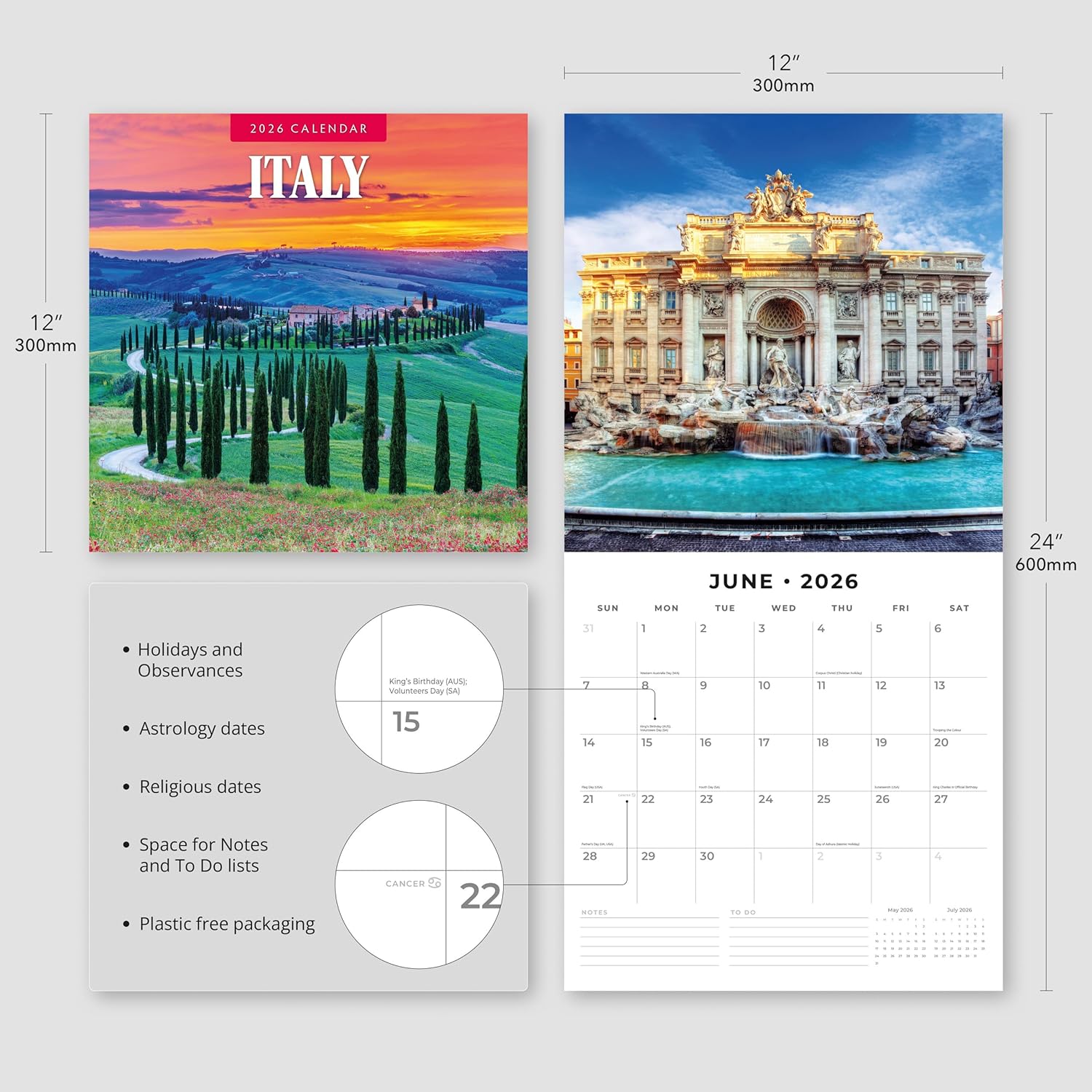 Red Robin 2026 Italy Monthly Wall Calendar | 12" x 24" Open | Premium Thick & Sturdy Paper | Hangable 12 Month Calendar | Lined Notes & To Do Area | Vivid Images | Plastic Free