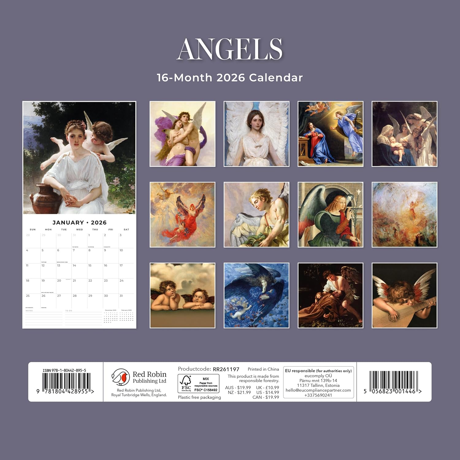 Red Robin 2026 Angels Monthly Wall Calendar | 12" x 24" Open | Premium Thick & Sturdy Paper | Hangable 12 Month Calendar | Lined Notes & To Do Area | Vivid Images | Plastic Free