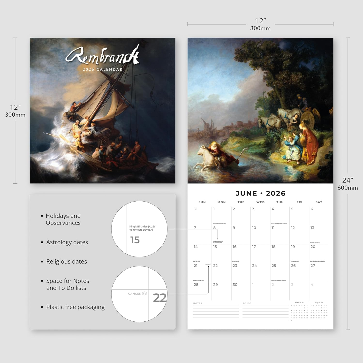 Red Robin 2026 Rembrandt Monthly Wall Calendar | 12" x 24" Open | Premium Thick & Sturdy Paper | Hangable 12 Month Calendar | Lined Notes & To Do Area | Vivid Images | Plastic Free