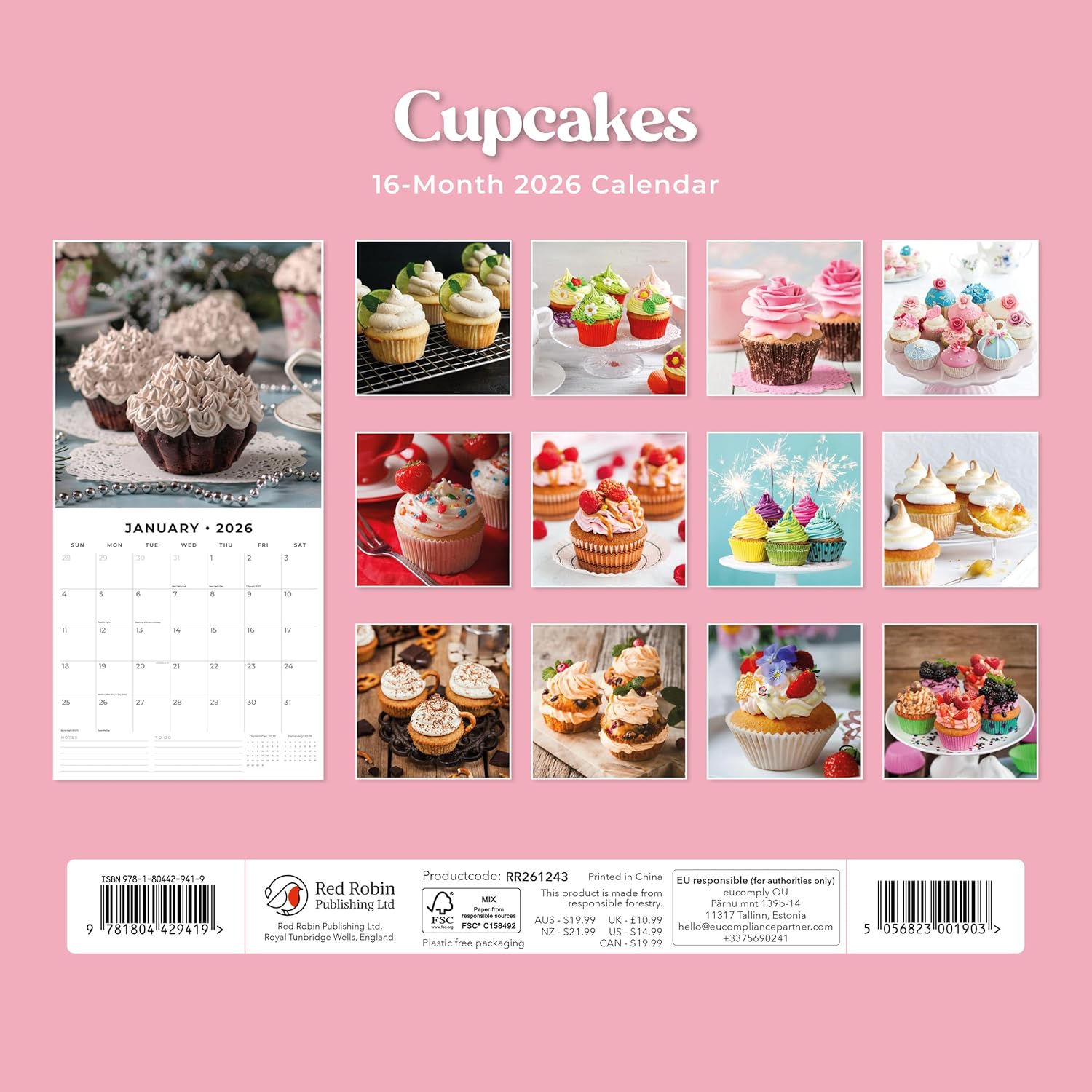 Red Robin 2026 Cupcakes Monthly Wall Calendar | 12" x 24" Open | Premium Thick & Sturdy Paper | Hangable 12 Month Calendar | Lined Notes & To Do Area | Vivid Images | Plastic Free