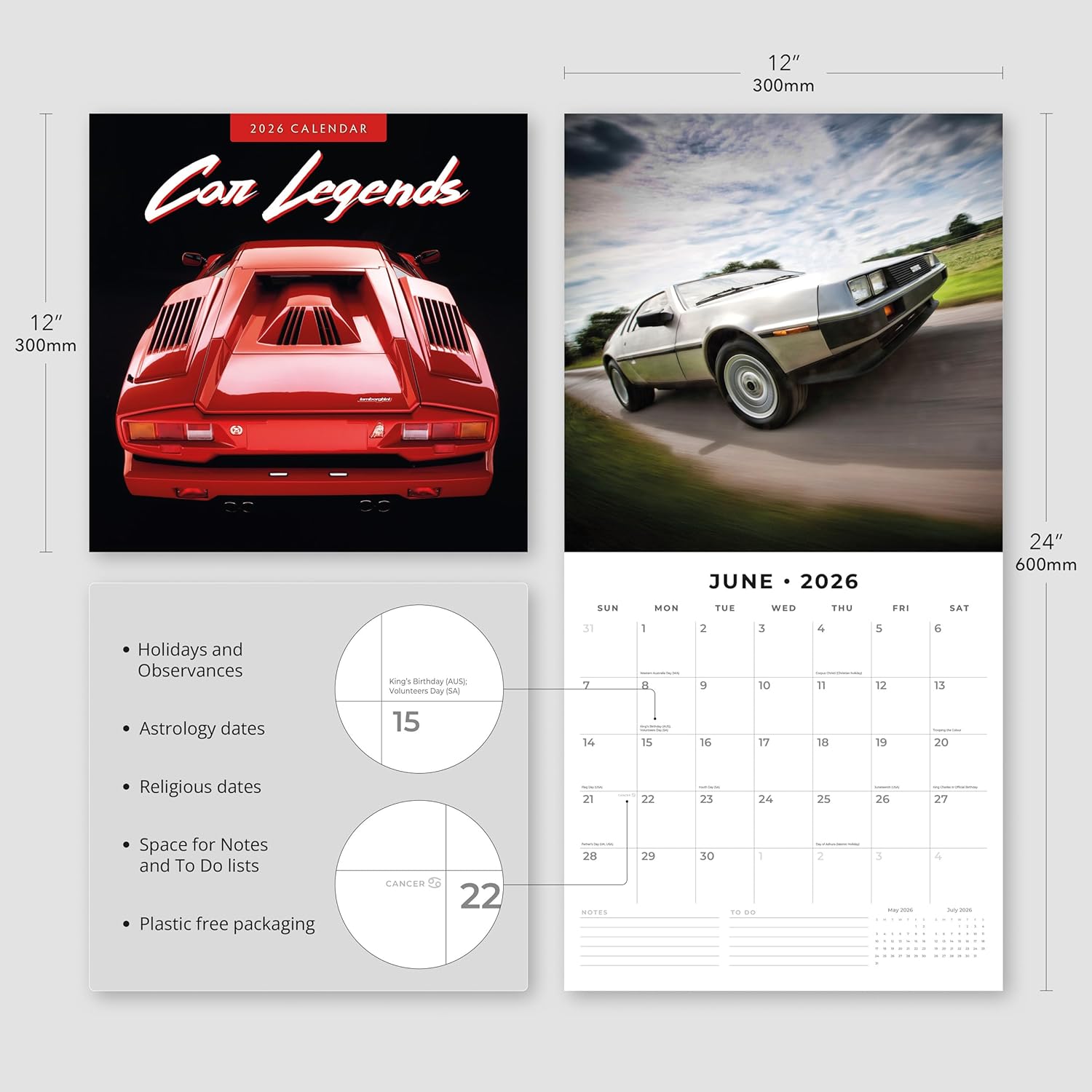 Red Robin 2026 Car Legends Monthly Wall Calendar | 12" x 24" Open | Premium Thick & Sturdy Paper | Hangable 12 Month Calendar | Lined Notes & To Do Area | Vivid Images | Plastic Free