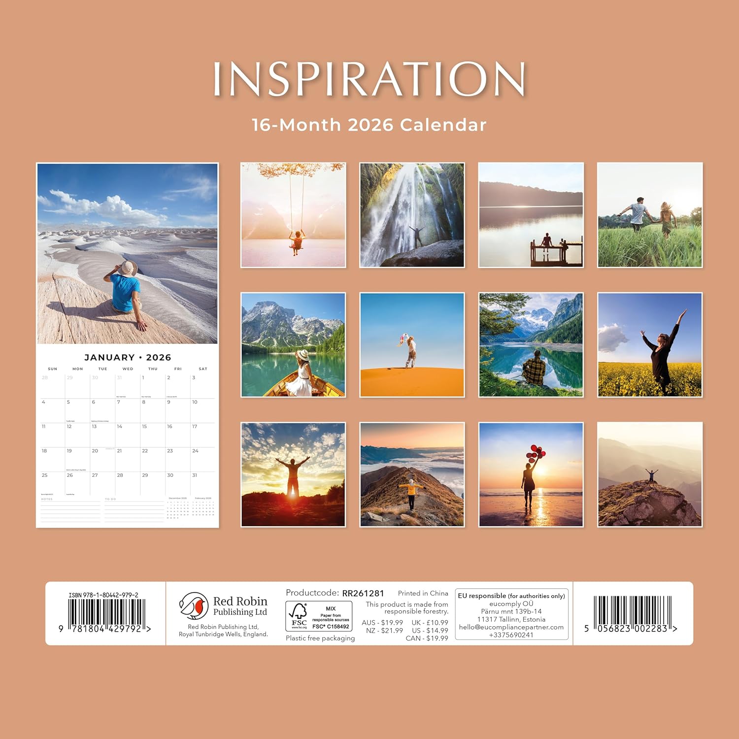 Red Robin 2026 Inspiration Monthly Wall Calendar | 12" x 24" Open | Premium Thick & Sturdy Paper | Hangable 12 Month Calendar | Lined Notes & To Do Area | Vivid Images | Plastic Free