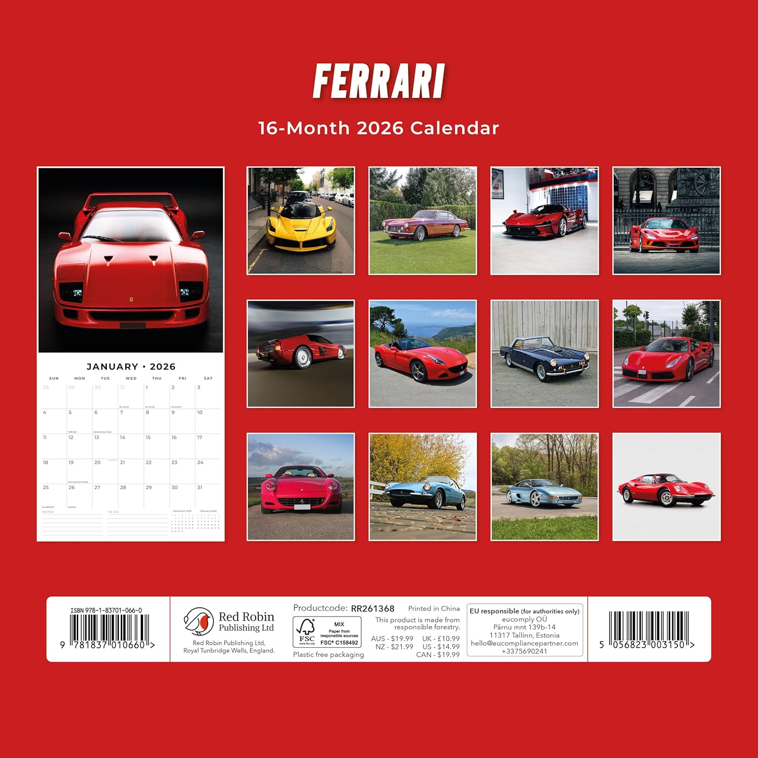 Red Robin 2026 Ferrari Monthly Wall Calendar | 12" x 24" Open | Premium Thick & Sturdy Paper | Hangable 12 Month Calendar | Lined Notes & To Do Area | Vivid Images | Plastic Free