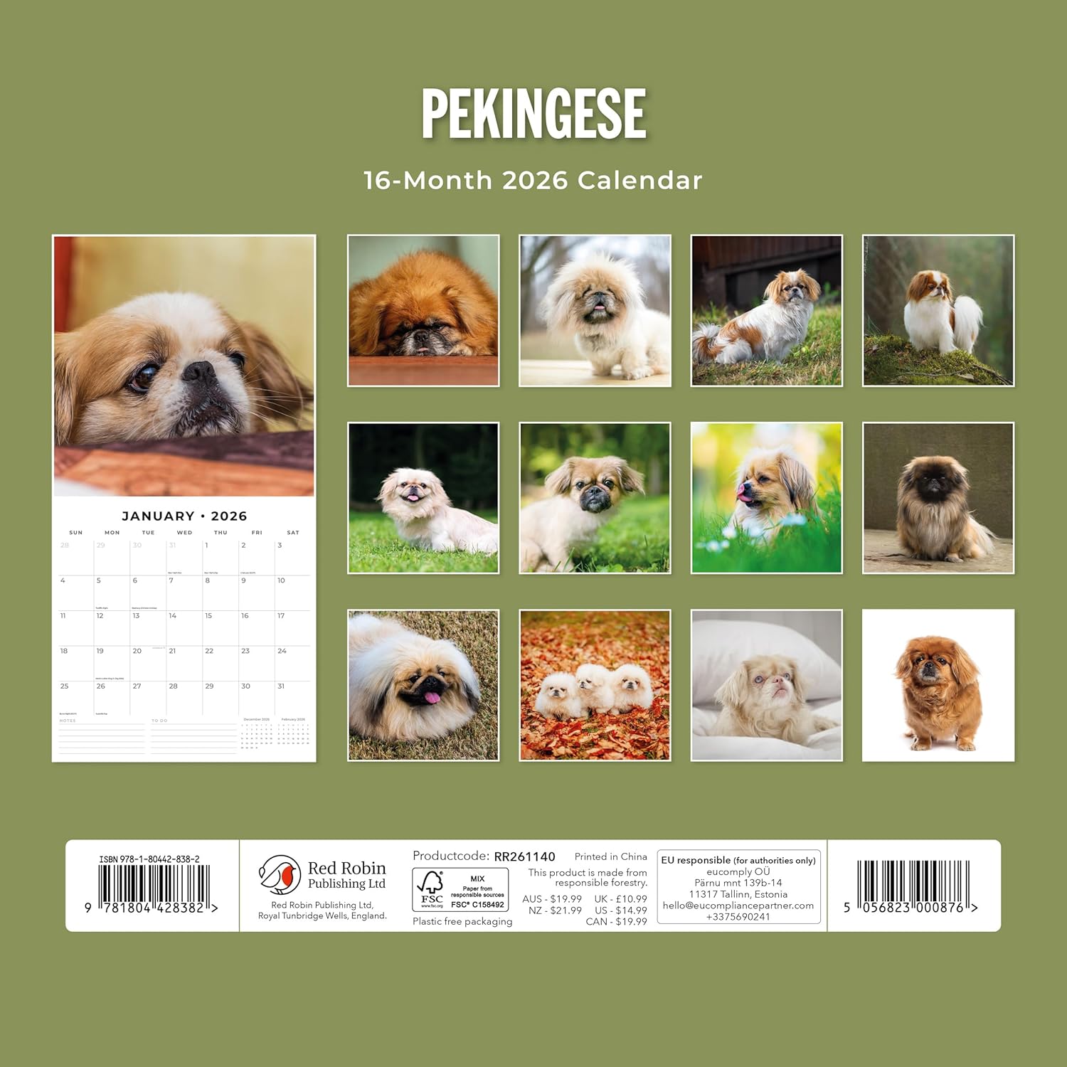 Red Robin 2026 Pekingese Monthly Wall Calendar | 12" x 24" Open | Premium Thick & Sturdy Paper | Hangable 12 Month Calendar | Lined Notes & To Do Area | Vivid Images | Plastic Free