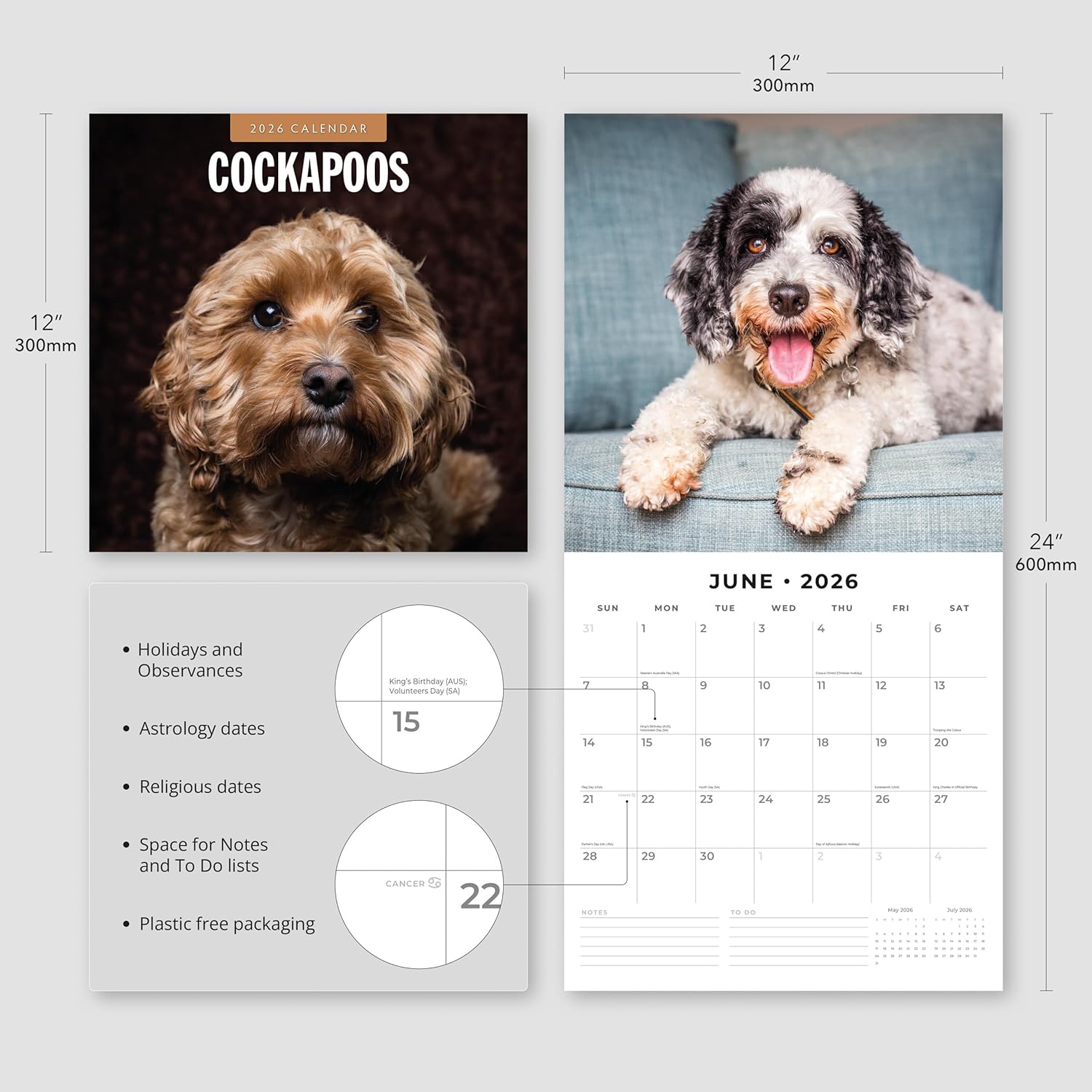 Red Robin 2026 Cockapoos Monthly Wall Calendar | 12" x 24" Open | Premium Thick & Sturdy Paper | Hangable 12 Month Calendar | Lined Notes & To Do Area | Vivid Images | Plastic Free