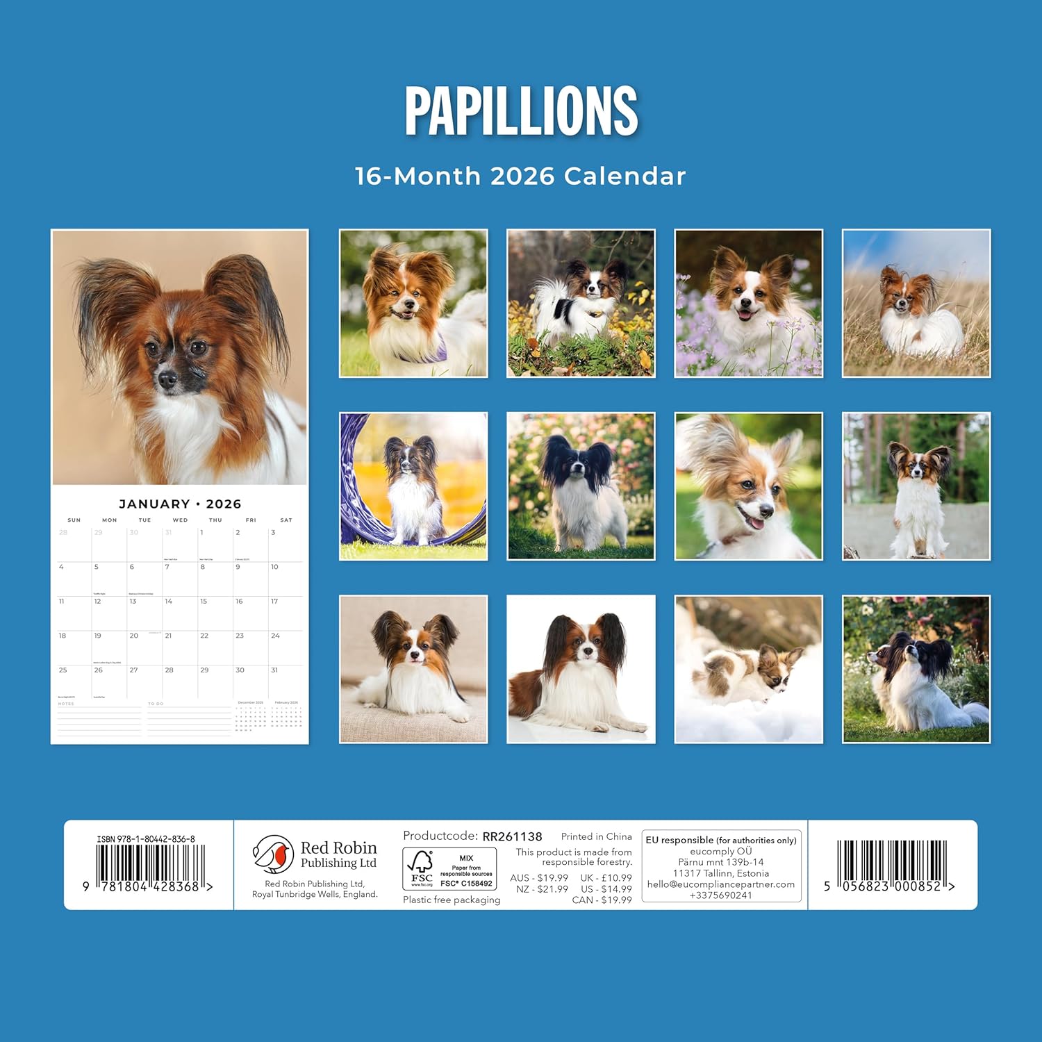 Red Robin 2026 Papillions Monthly Wall Calendar | 12" x 24" Open | Premium Thick & Sturdy Paper | Hangable 12 Month Calendar | Lined Notes & To Do Area | Vivid Images | Plastic Free