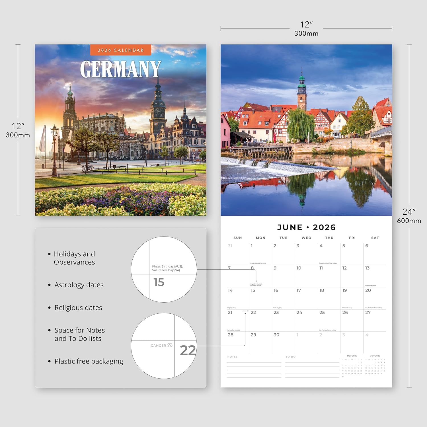 Red Robin 2026 Germany Monthly Wall Calendar | 12" x 24" Open | Premium Thick & Sturdy Paper | Hangable 12 Month Calendar | Lined Notes & To Do Area | Vivid Images | Plastic Free