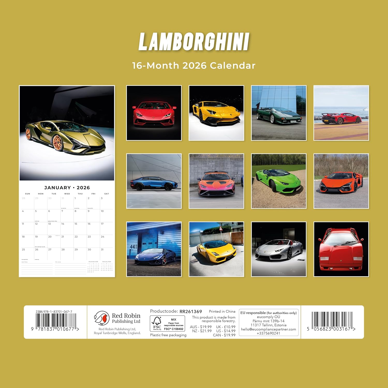 Red Robin 2026 Italian Sports Cars Monthly Wall Calendar | 12" x 24" Open | Premium Thick & Sturdy Paper | Hangable 12 Month Calendar | Lined Notes & To Do Area | Vivid Images | Plastic Free