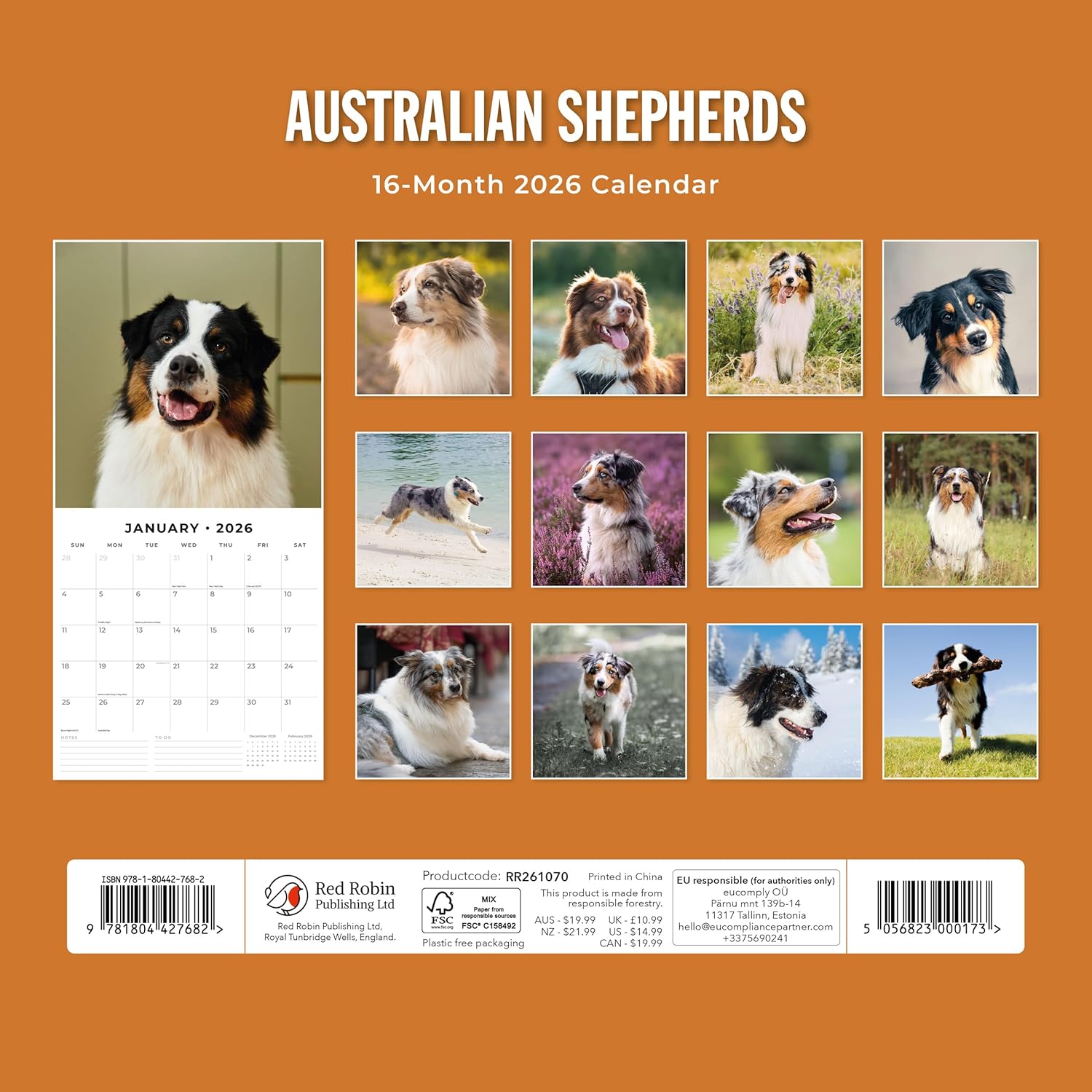Red Robin 2026 Australian Shepherds Monthly Wall Calendar | 12" x 24" Open | Premium Thick & Sturdy Paper | Hangable 12 Month Calendar | Lined Notes & To Do Area | Vivid Images | Plastic Free
