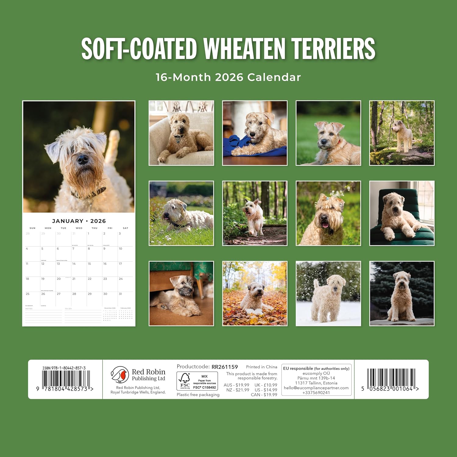 Red Robin 2026 Soft-coated Wheaten Terriers Monthly Wall Calendar | 12" x 24" Open | Premium Thick & Sturdy Paper | Hangable 12 Month Calendar | Lined Notes & To Do Area | Vivid Images | Plastic Free