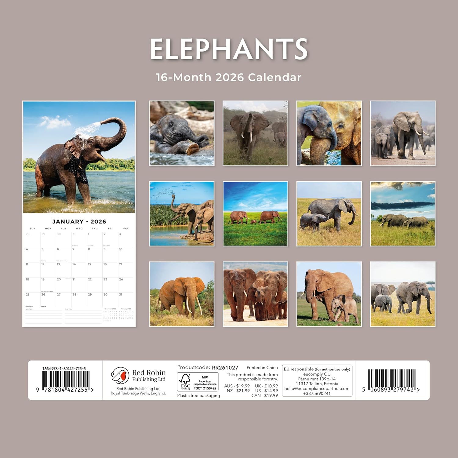 Red Robin 2026 Elephants Monthly Wall Calendar | 12" x 24" Open | Premium Thick & Sturdy Paper | Hangable 12 Month Calendar | Lined Notes & To Do Area | Vivid Images | Plastic Free