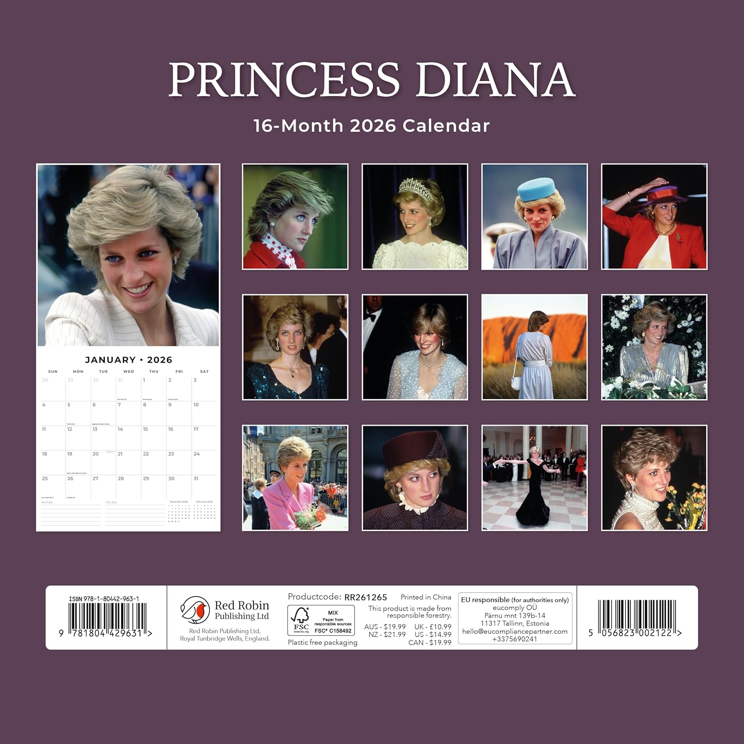 Red Robin 2026 Princess Diana Monthly Wall Calendar | 12" x 24" Open | Premium Thick & Sturdy Paper | Hangable 12 Month Calendar | Lined Notes & To Do Area | Vivid Images | Plastic Free