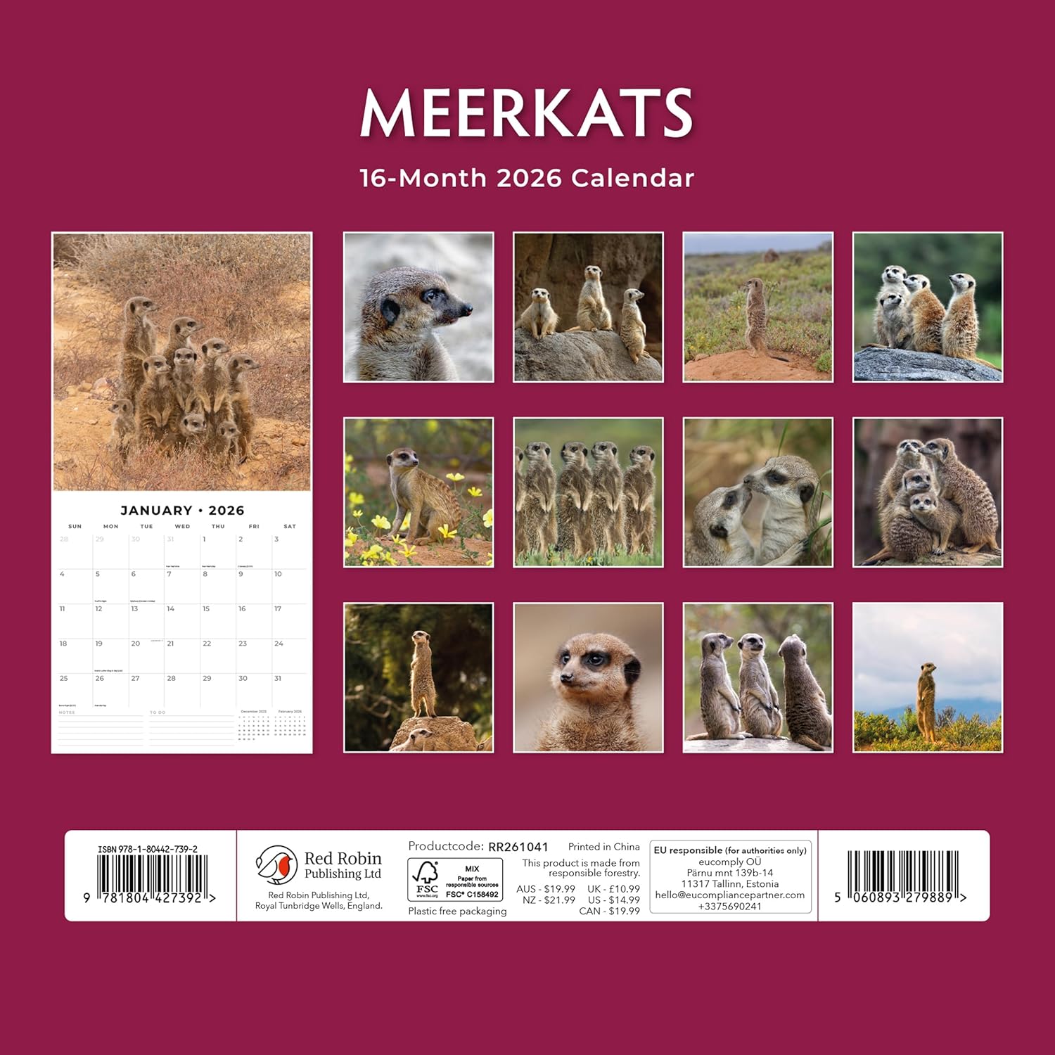 Red Robin 2026 Meerkats Monthly Wall Calendar | 12" x 24" Open | Premium Thick & Sturdy Paper | Hangable 12 Month Calendar | Lined Notes & To Do Area | Vivid Images | Plastic Free
