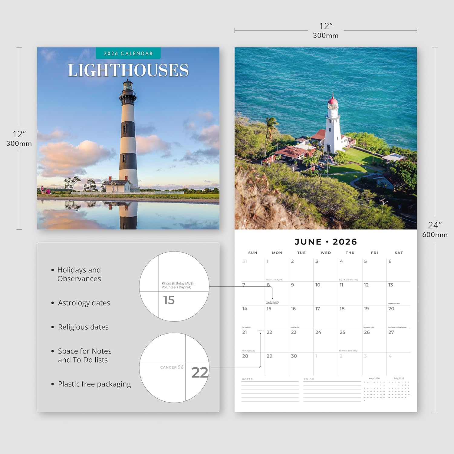 Red Robin 2026 Lighthouses Monthly Wall Calendar | 12" x 24" Open | Premium Thick & Sturdy Paper | Hangable 12 Month Calendar | Lined Notes & To Do Area | Vivid Images | Plastic Free