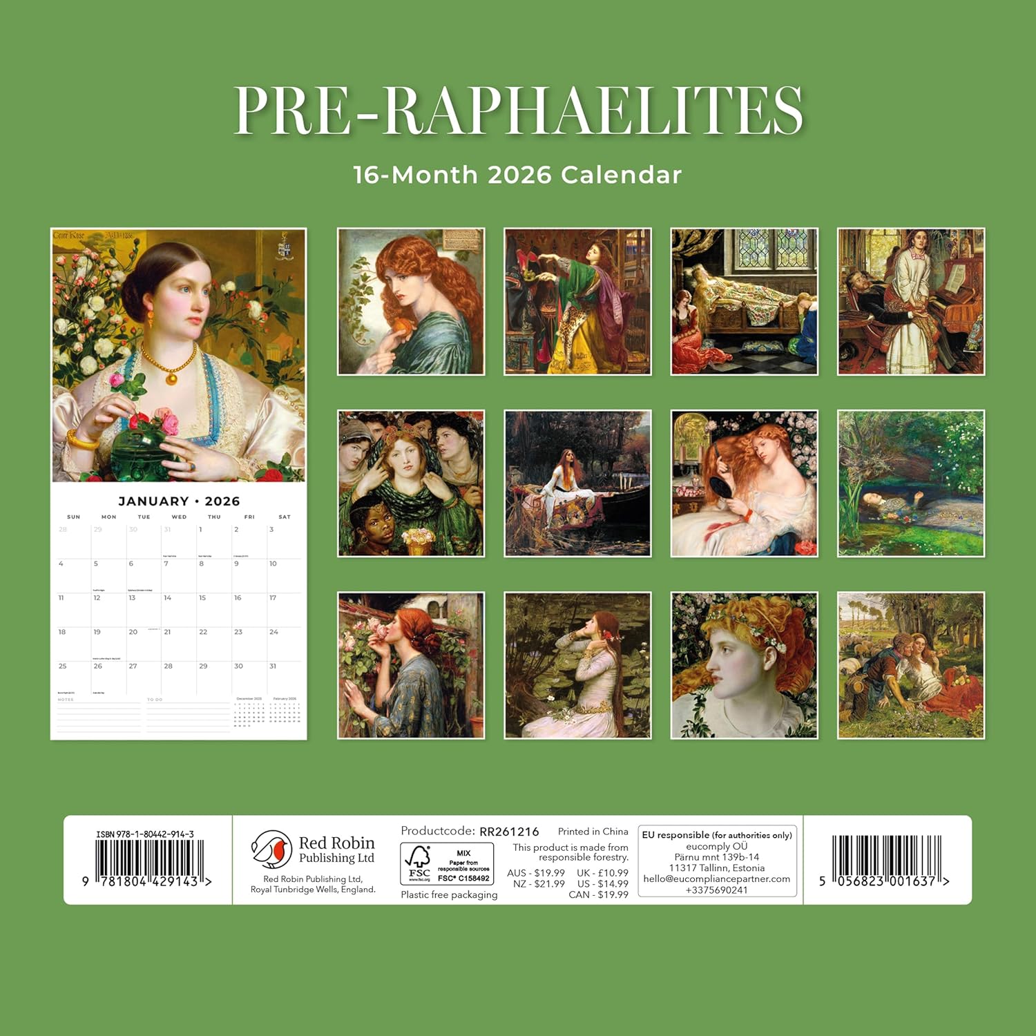 Red Robin 2026 Pre-Raphaelites Monthly Wall Calendar | 12" x 24" Open | Premium Thick & Sturdy Paper | Hangable 12 Month Calendar | Lined Notes & To Do Area | Vivid Images | Plastic Free