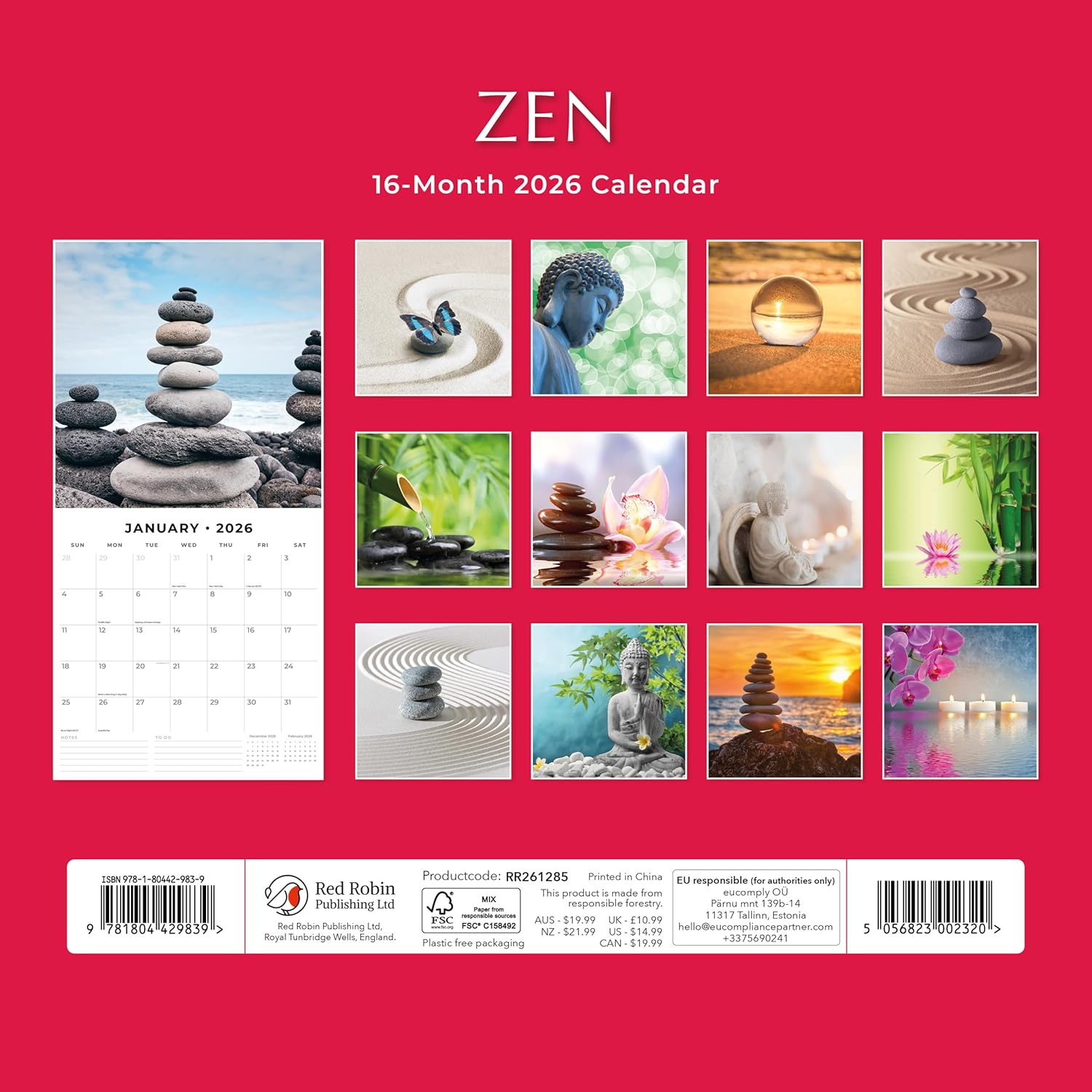 Red Robin 2026 Zen Monthly Wall Calendar | 12" x 24" Open | Premium Thick & Sturdy Paper | Hangable 12 Month Calendar | Lined Notes & To Do Area | Vivid Images | Plastic Free