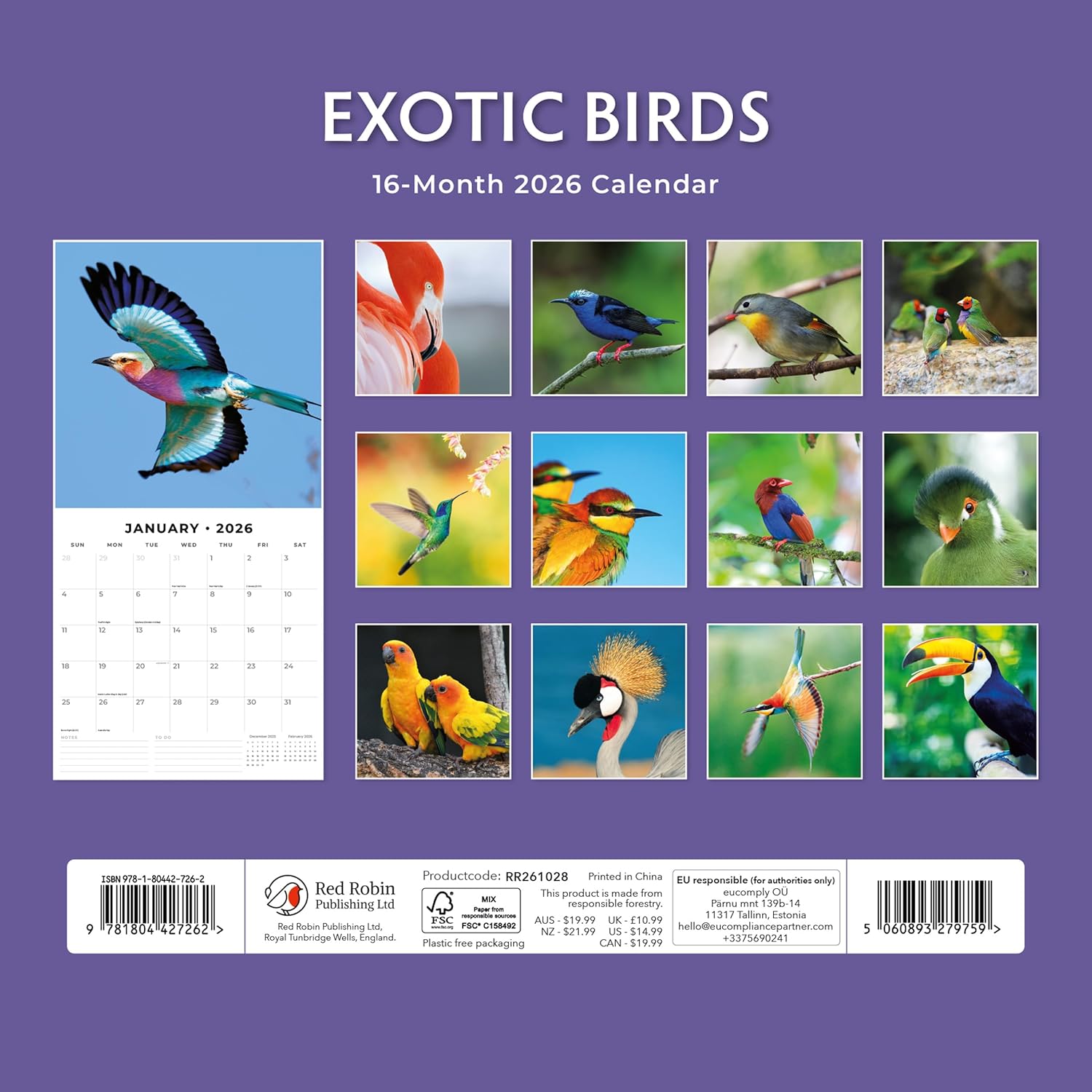 Red Robin 2026 Exotic Birds Monthly Wall Calendar | 12" x 24" Open | Premium Thick & Sturdy Paper | Hangable 12 Month Calendar | Lined Notes & To Do Area | Vivid Images | Plastic Free
