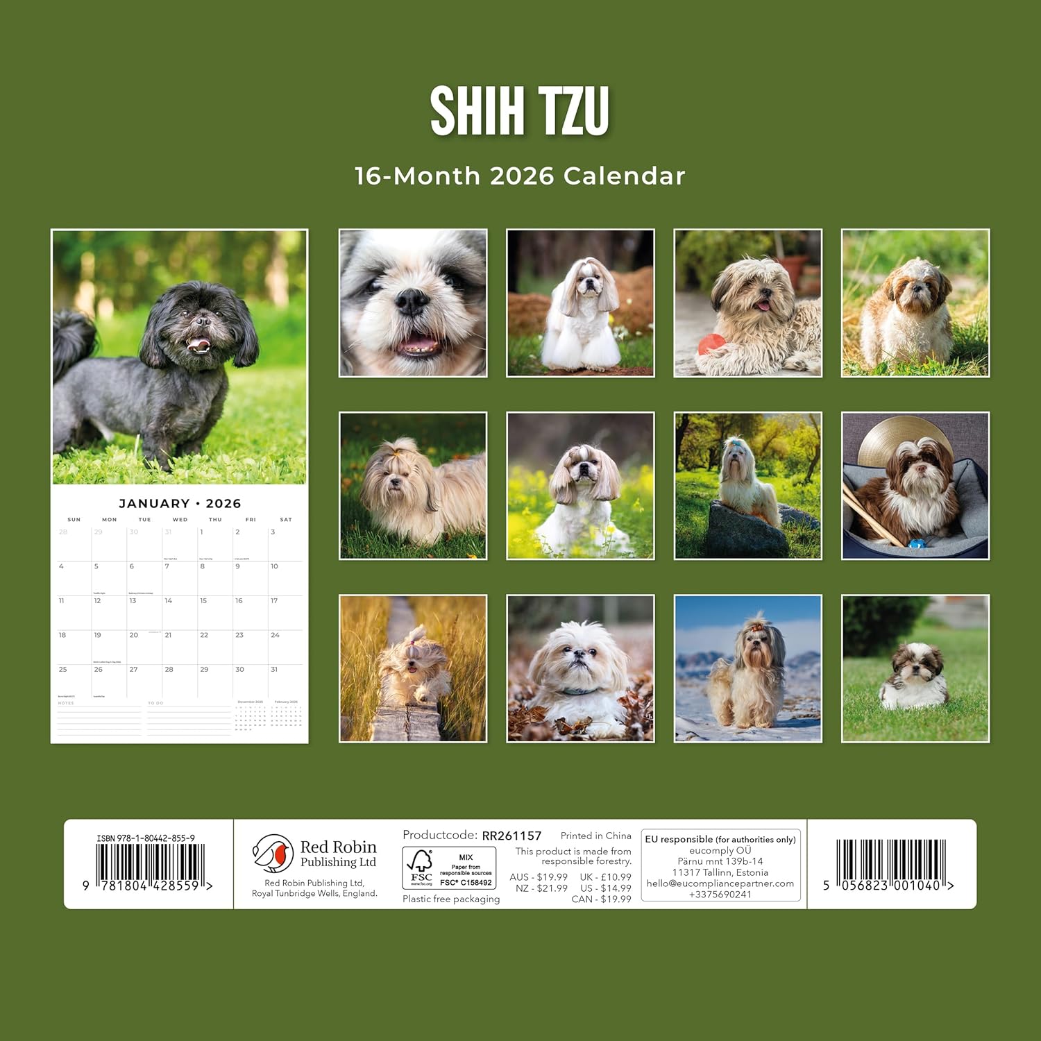 Red Robin 2026 Shih Tzu Monthly Wall Calendar | 12" x 24" Open | Premium Thick & Sturdy Paper | Hangable 12 Month Calendar | Lined Notes & To Do Area | Vivid Images | Plastic Free