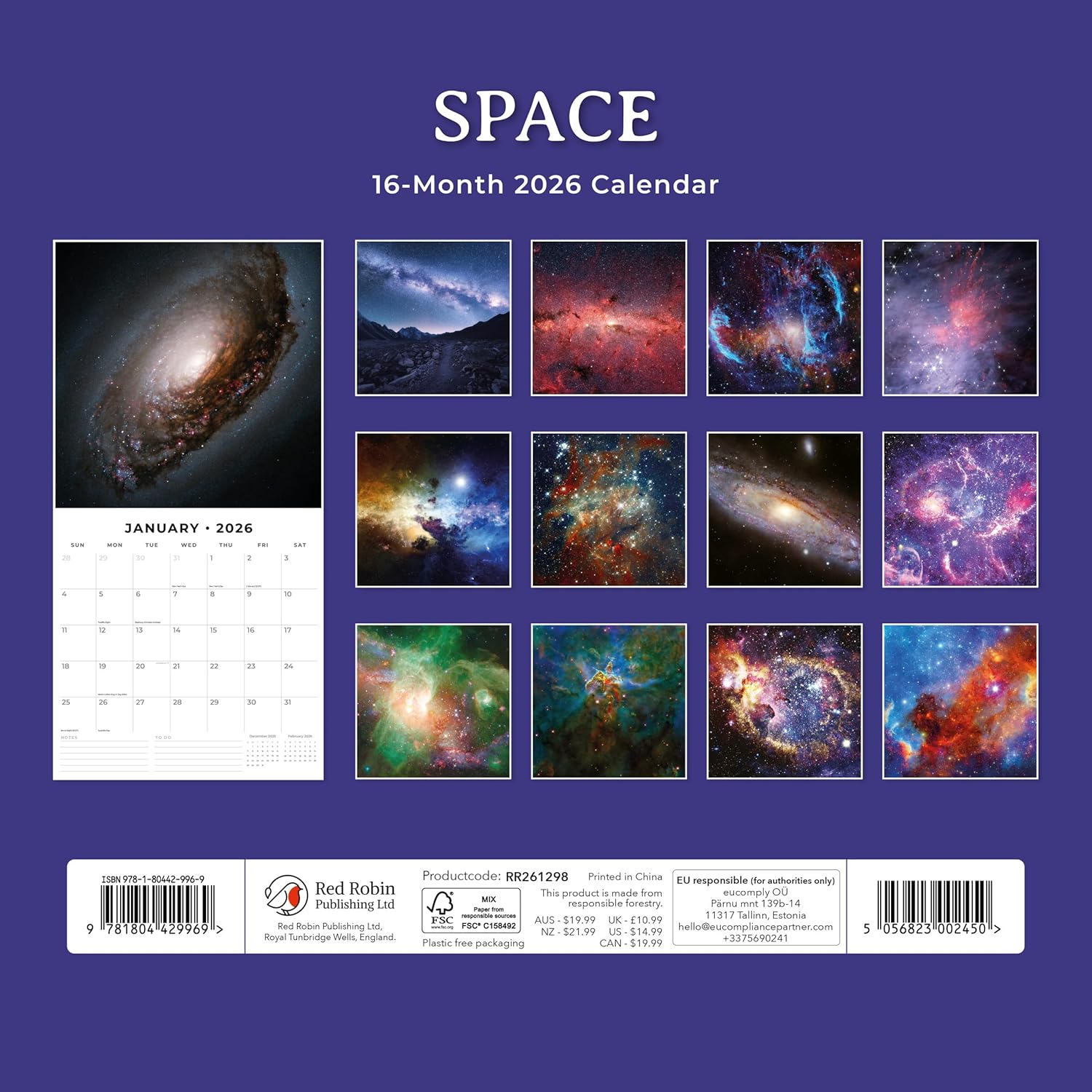 Red Robin 2026 Space Monthly Wall Calendar | 12" x 24" Open | Premium Thick & Sturdy Paper | Hangable 12 Month Calendar | Lined Notes & To Do Area | Vivid Images | Plastic Free