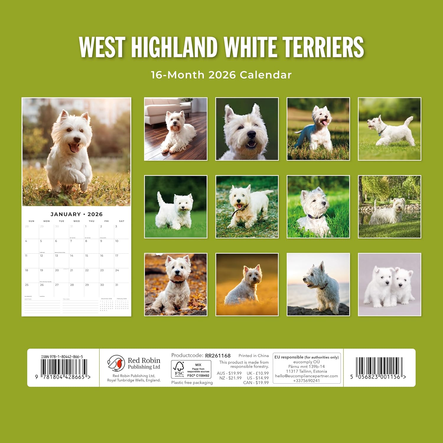 Red Robin 2026 West Highland White Terriers Monthly Wall Calendar | 12" x 24" Open | Premium Thick & Sturdy Paper | Hangable 12 Month Calendar | Lined Notes & To Do Area | Vivid Images | Plastic Free