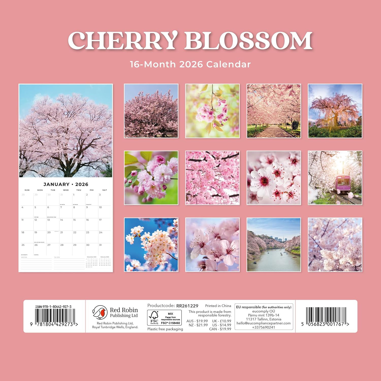 Red Robin 2026 Cherry Blossom Monthly Wall Calendar | 12" x 24" Open | Premium Thick & Sturdy Paper | Hangable 12 Month Calendar | Lined Notes & To Do Area | Vivid Images | Plastic Free