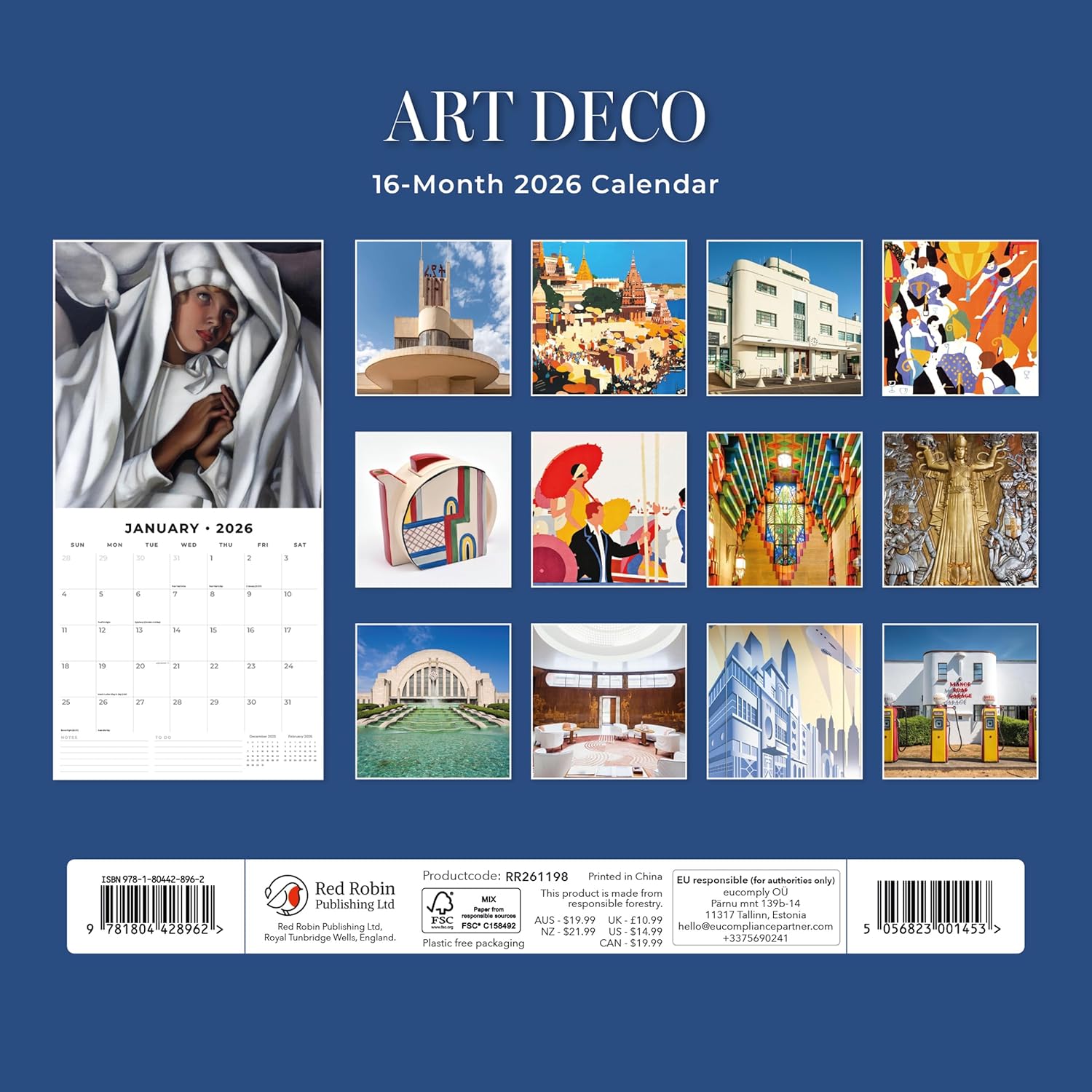 Red Robin 2026 Art Deco Monthly Wall Calendar | 12" x 24" Open | Premium Thick & Sturdy Paper | Hangable 12 Month Calendar | Lined Notes & To Do Area | Vivid Images | Plastic Free