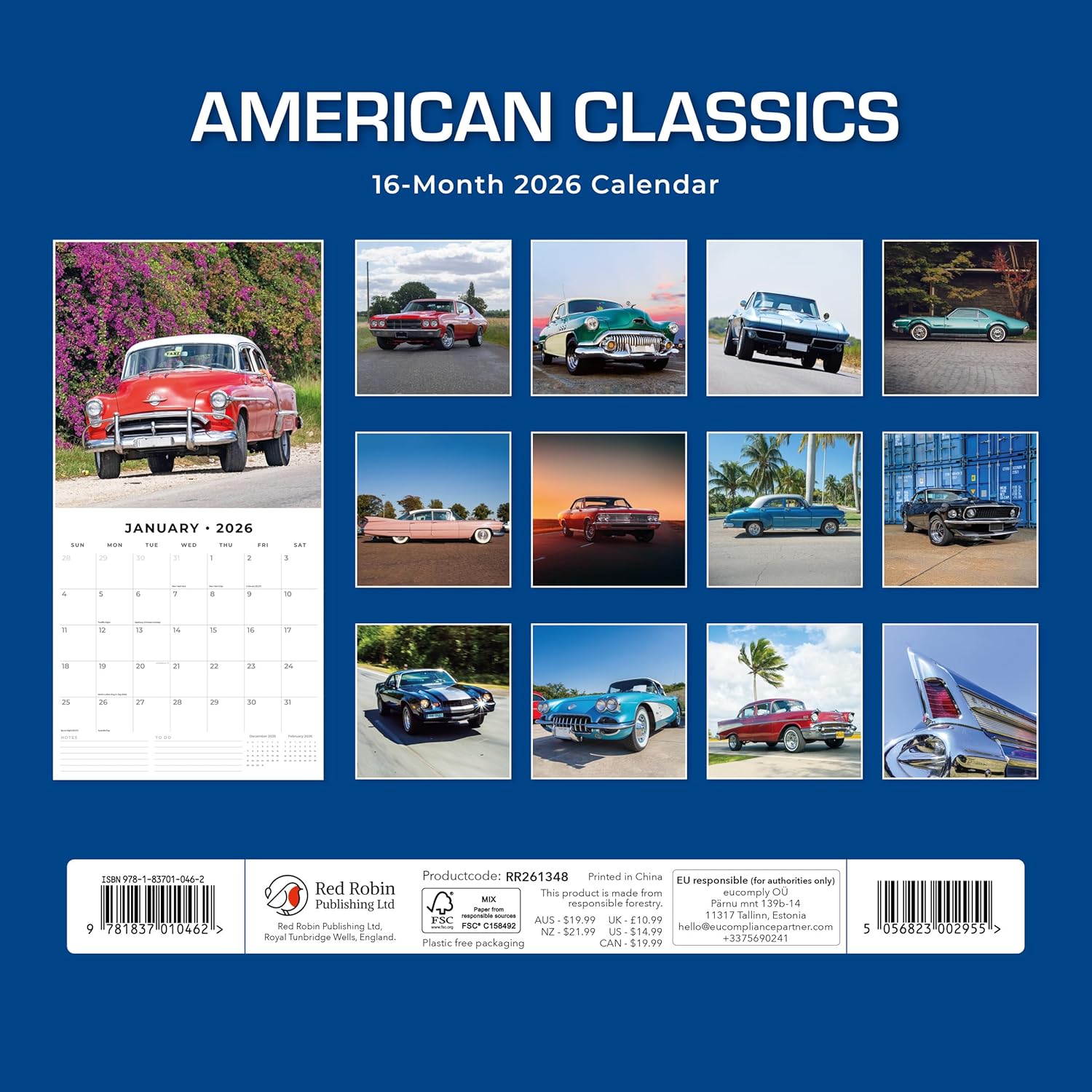 Red Robin 2026 American Classic Cars Monthly Wall Calendar | 12" x 24" Open | Premium Thick & Sturdy Paper | Hangable 12 Month Calendar | Lined Notes & To Do Area | Vivid Images | Plastic Free