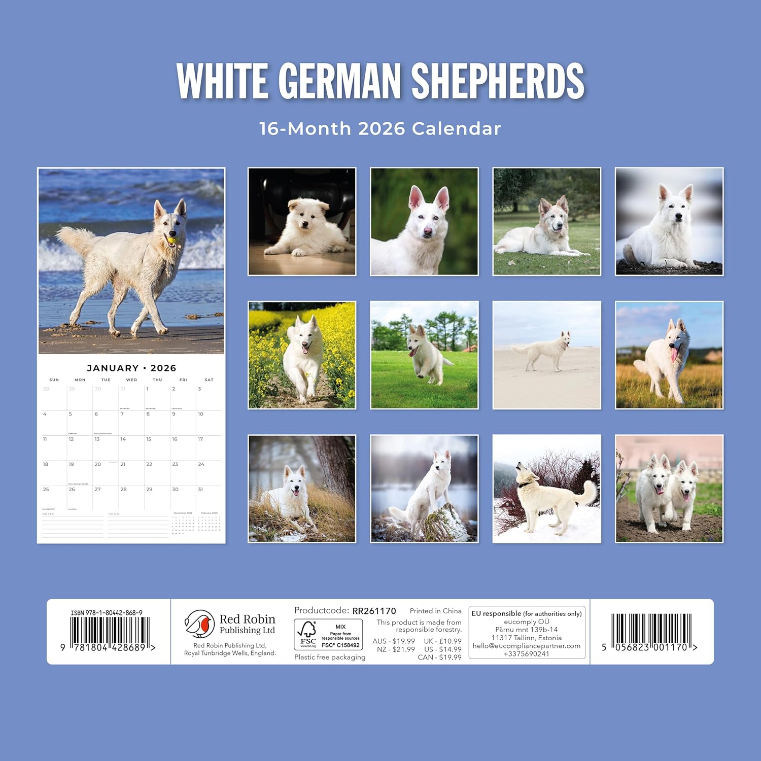 Red Robin 2026 White German Shepherds Monthly Wall Calendar | 12" x 24" Open | Premium Thick & Sturdy Paper | Hangable 12 Month Calendar | Lined Notes & To Do Area | Vivid Images | Plastic Free