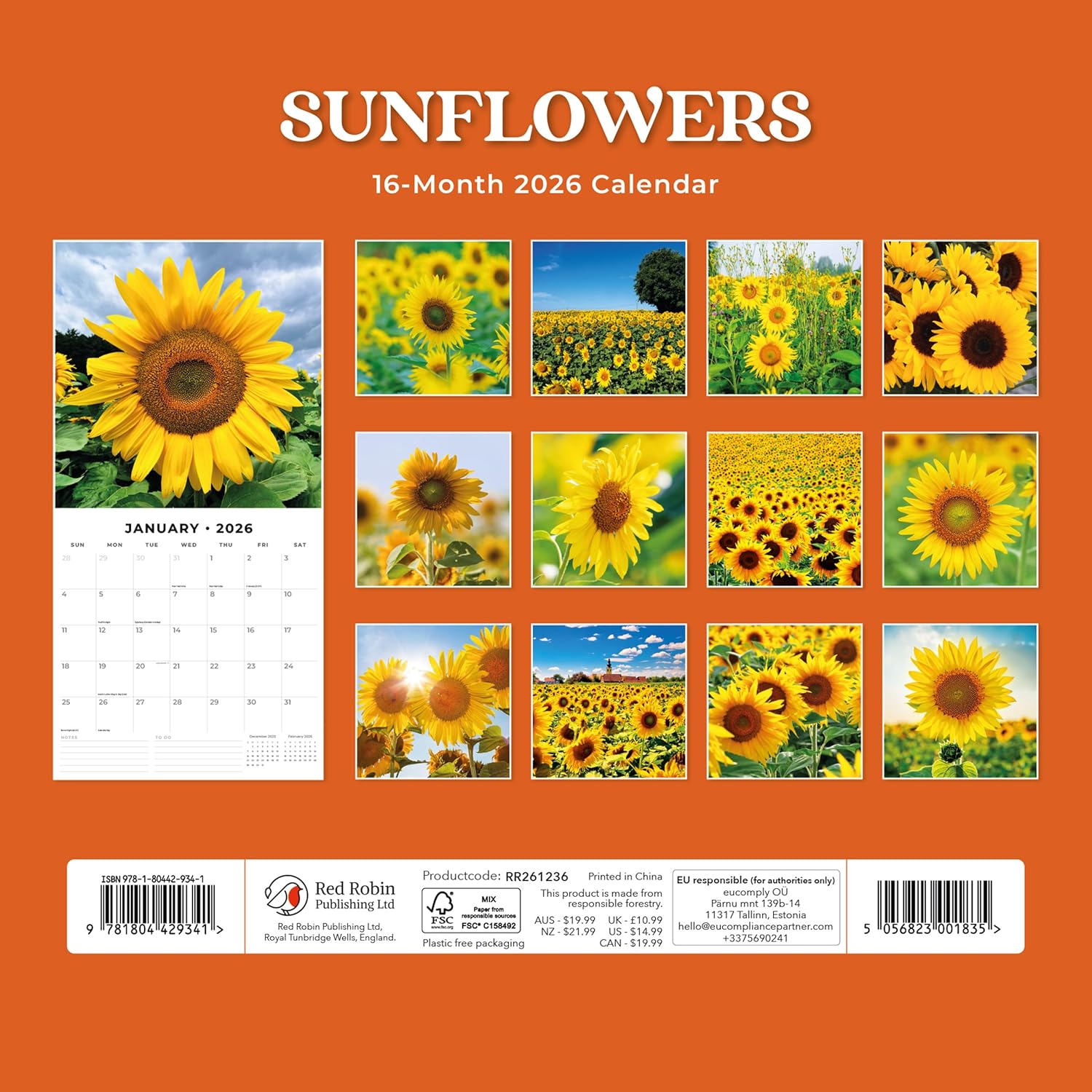 Red Robin 2026 Sunflowers Monthly Wall Calendar | 12" x 24" Open | Premium Thick & Sturdy Paper | Hangable 12 Month Calendar | Lined Notes & To Do Area | Vivid Images | Plastic Free