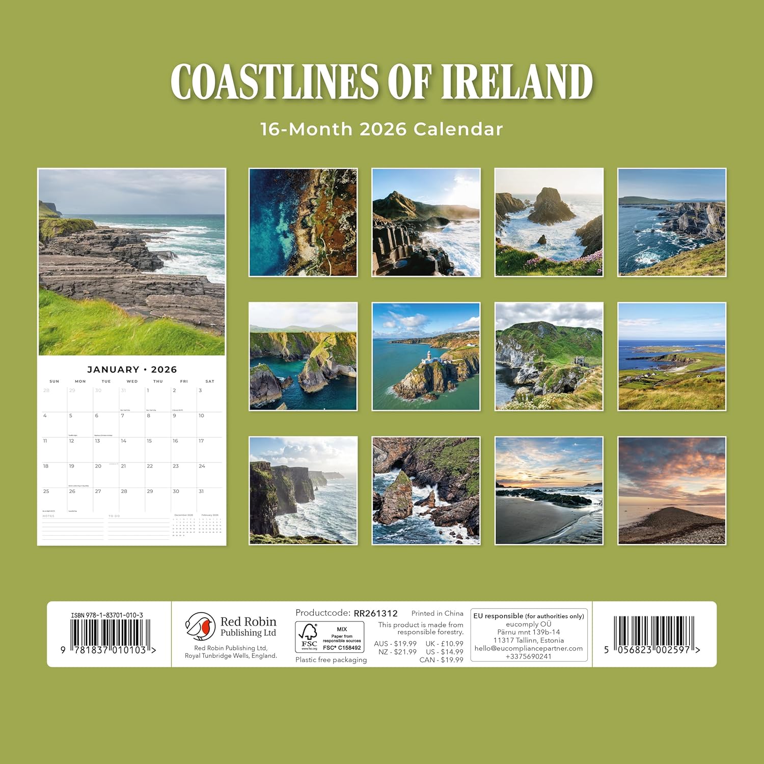 Red Robin 2026 Coastlines of Ireland Monthly Wall Calendar | 12" x 24" Open | Premium Thick & Sturdy Paper | Hangable 12 Month Calendar | Lined Notes & To Do Area | Vivid Images | Plastic Free