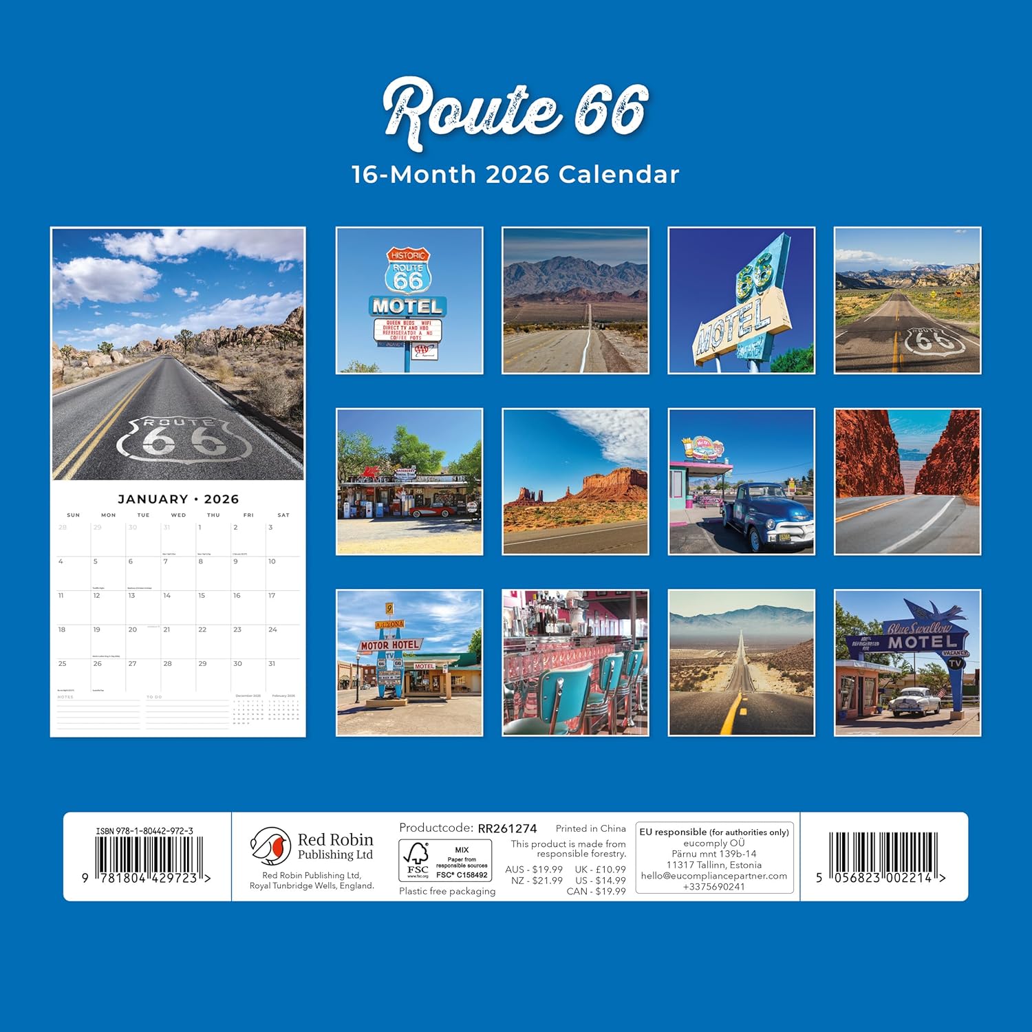 Red Robin 2026 Route 66 Monthly Wall Calendar | 12" x 24" Open | Premium Thick & Sturdy Paper | Hangable 12 Month Calendar | Lined Notes & To Do Area | Vivid Images | Plastic Free
