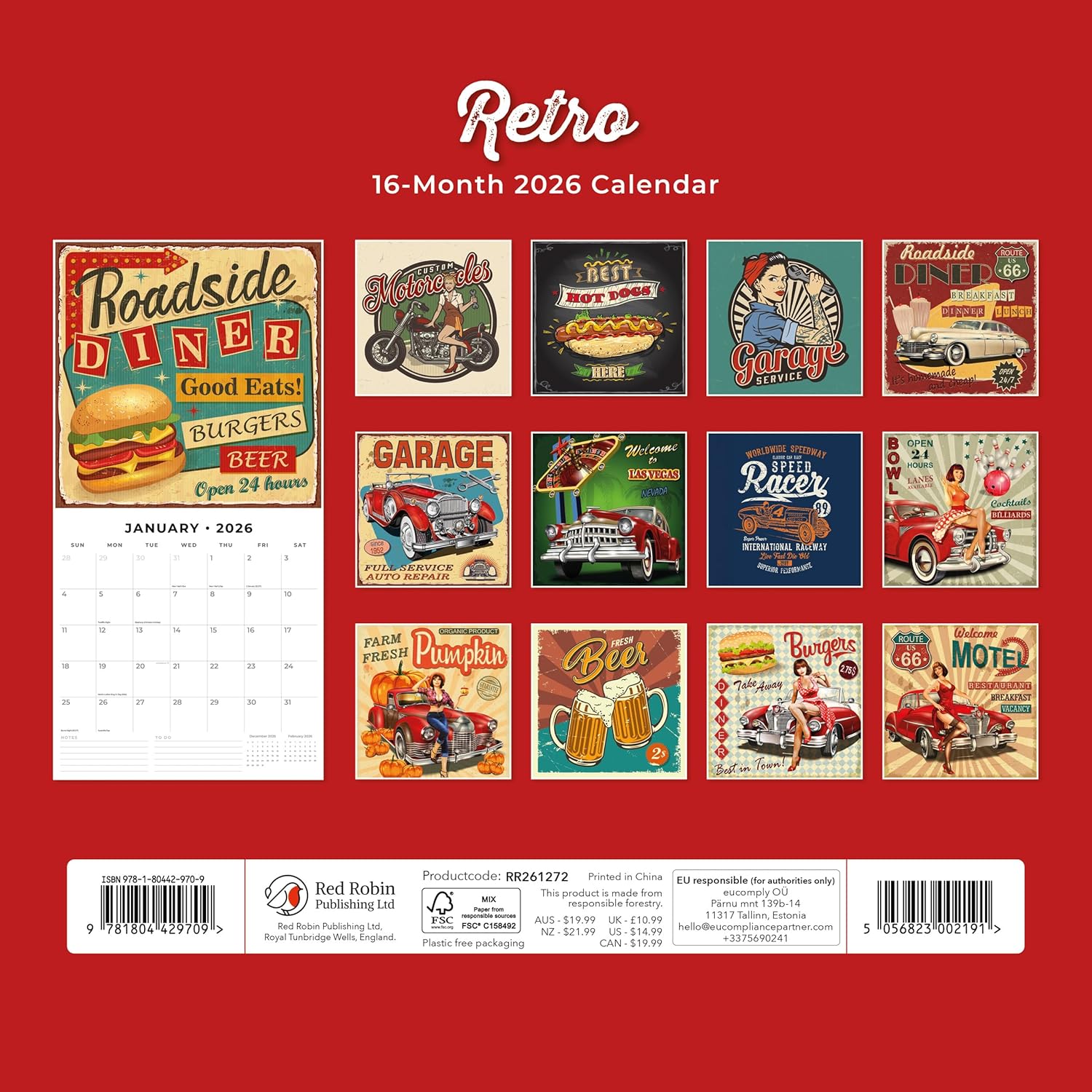 Red Robin 2026 Retro Monthly Wall Calendar | 12" x 24" Open | Premium Thick & Sturdy Paper | Hangable 12 Month Calendar | Lined Notes & To Do Area | Vivid Images | Plastic Free