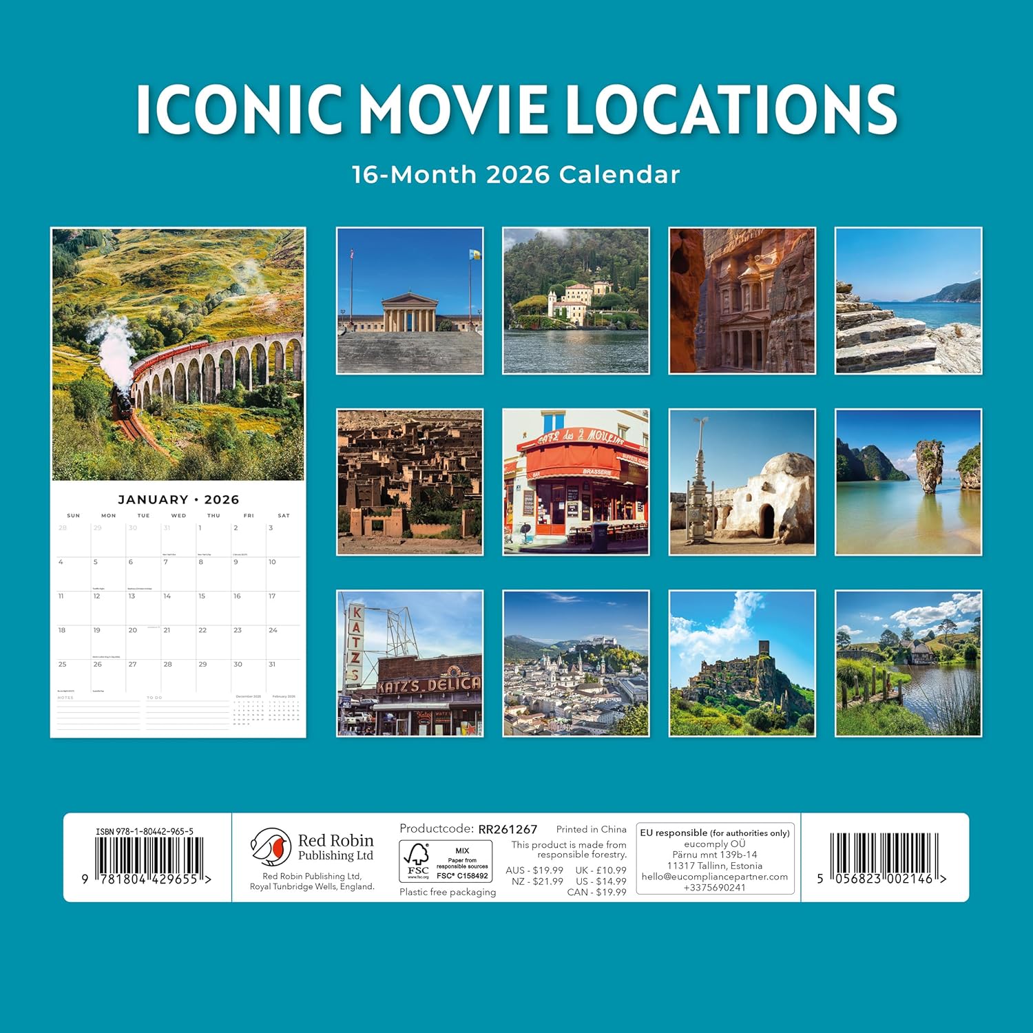 Red Robin 2026 Iconic Movie Locations Monthly Wall Calendar | 12" x 24" Open | Premium Thick & Sturdy Paper | Hangable 12 Month Calendar | Lined Notes & To Do Area | Vivid Images | Plastic Free