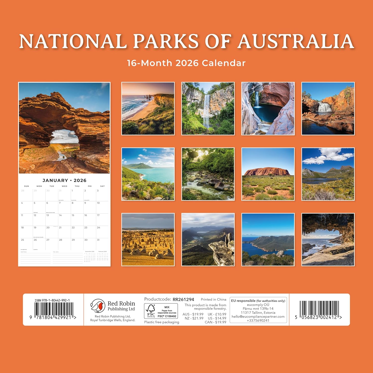 Red Robin 2026 National Parks of Australia Monthly Wall Calendar | 12" x 24" Open | Premium Thick & Sturdy Paper | Hangable 12 Month Calendar | Lined Notes & To Do Area | Vivid Images | Plastic Free