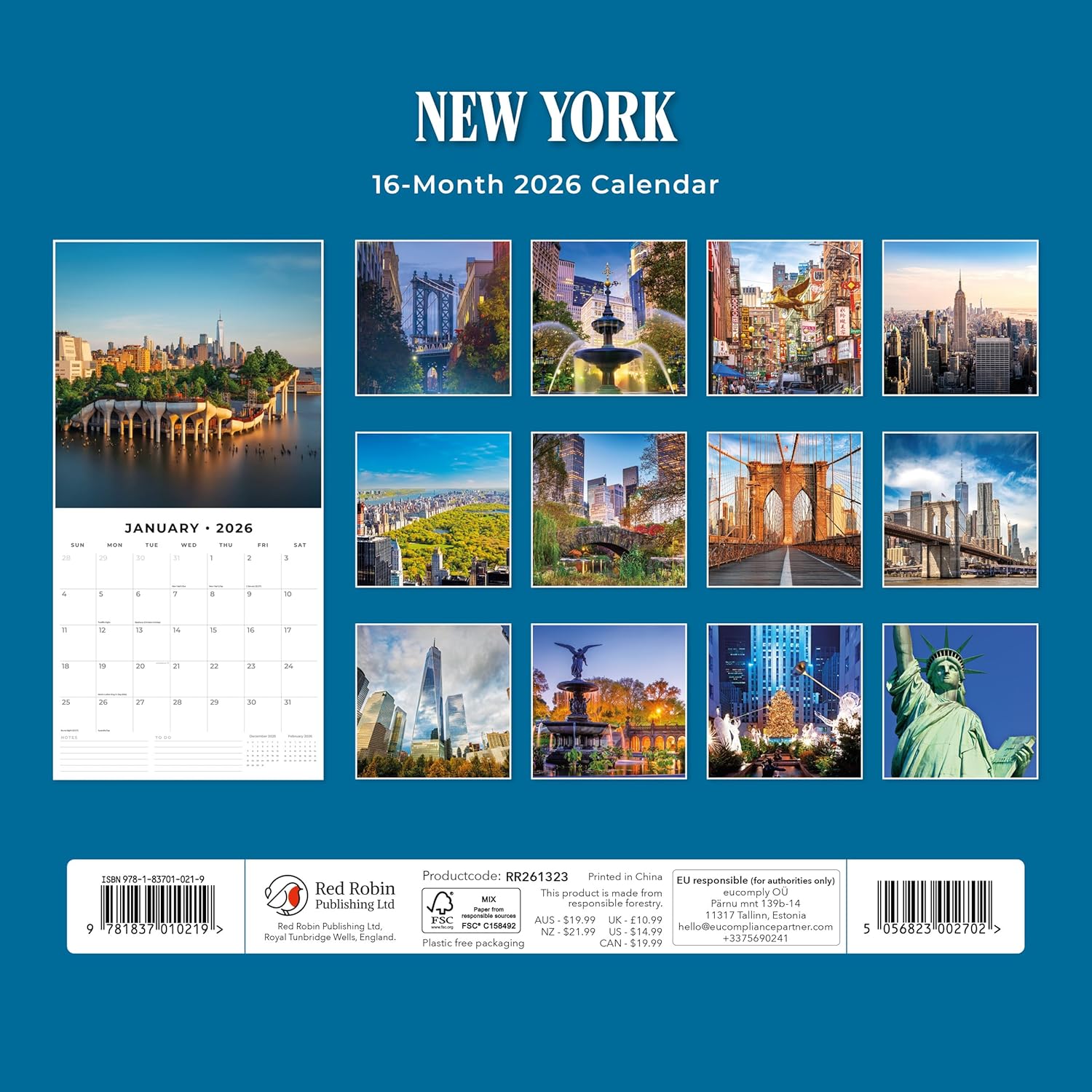 Red Robin 2026 New York Monthly Wall Calendar | 12" x 24" Open | Premium Thick & Sturdy Paper | Hangable 12 Month Calendar | Lined Notes & To Do Area | Vivid Images | Plastic Free