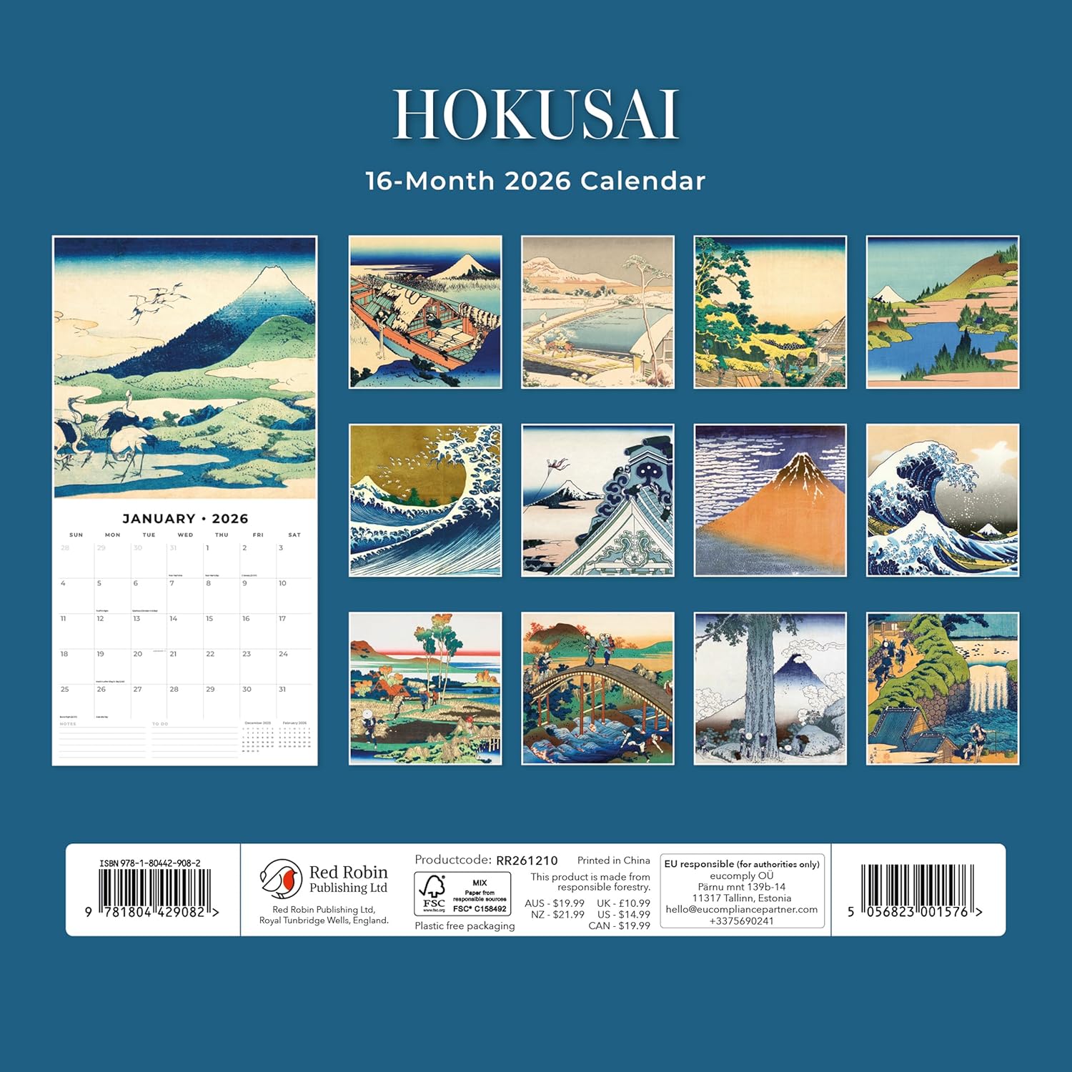 Red Robin 2026 Hokusai Monthly Wall Calendar | 12" x 24" Open | Premium Thick & Sturdy Paper | Hangable 12 Month Calendar | Lined Notes & To Do Area | Vivid Images | Plastic Free