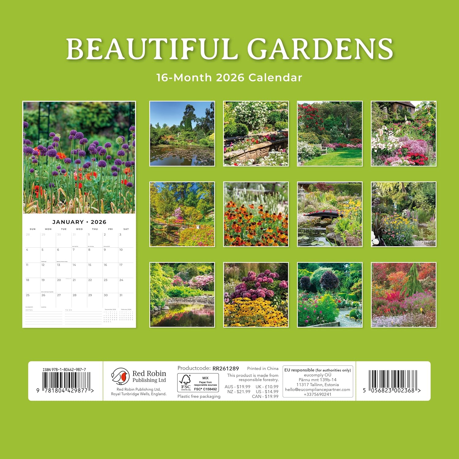 Red Robin 2026 Beautiful Gardens Monthly Wall Calendar | 12" x 24" Open | Premium Thick & Sturdy Paper | Hangable 12 Month Calendar | Lined Notes & To Do Area | Vivid Images | Plastic Free