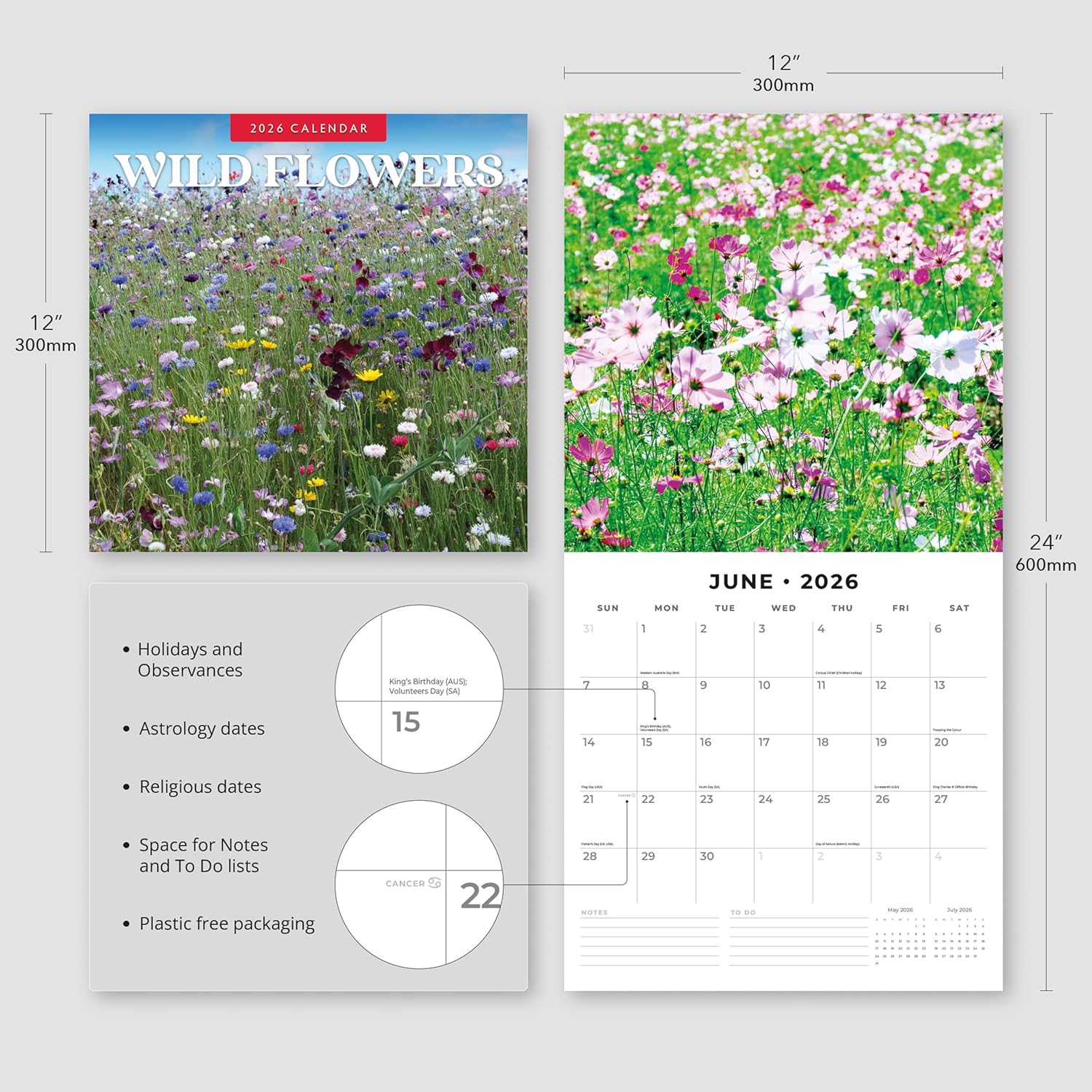 Red Robin 2026 Wild Flowers Monthly Wall Calendar | 12" x 24" Open | Premium Thick & Sturdy Paper | Hangable 12 Month Calendar | Lined Notes & To Do Area | Vivid Images | Plastic Free
