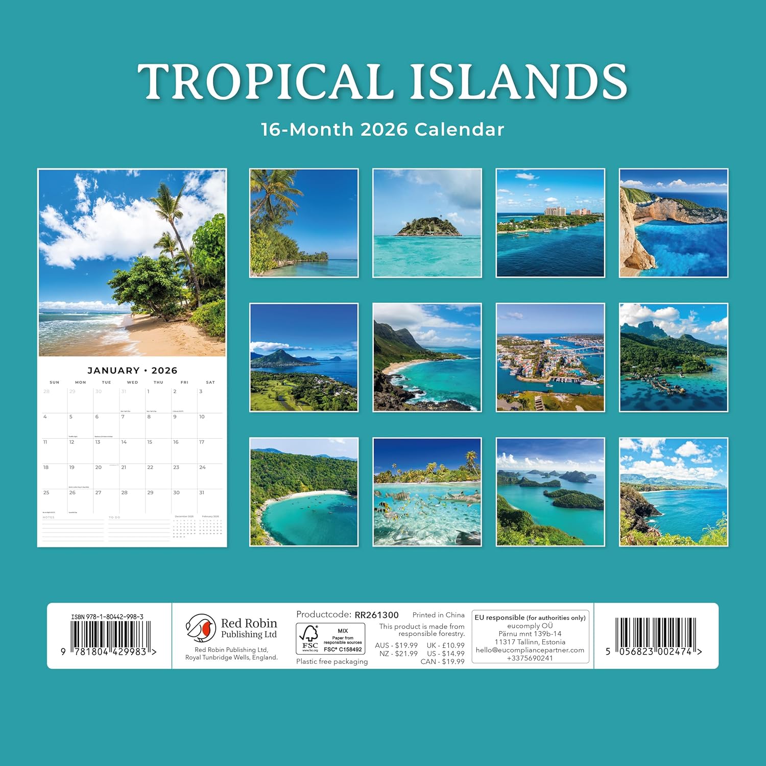 Red Robin 2026 Tropical Islands Monthly Wall Calendar | 12" x 24" Open | Premium Thick & Sturdy Paper | Hangable 12 Month Calendar | Lined Notes & To Do Area | Vivid Images | Plastic Free
