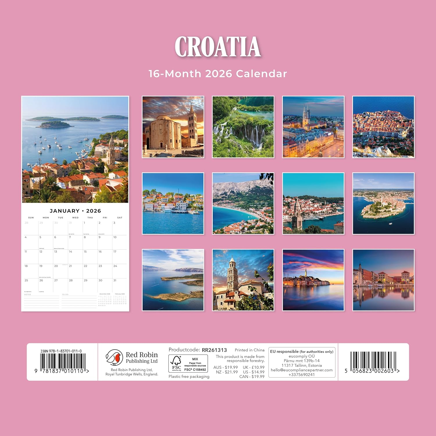 Red Robin 2026 Croatia Monthly Wall Calendar | 12" x 24" Open | Premium Thick & Sturdy Paper | Hangable 12 Month Calendar | Lined Notes & To Do Area | Vivid Images | Plastic Free