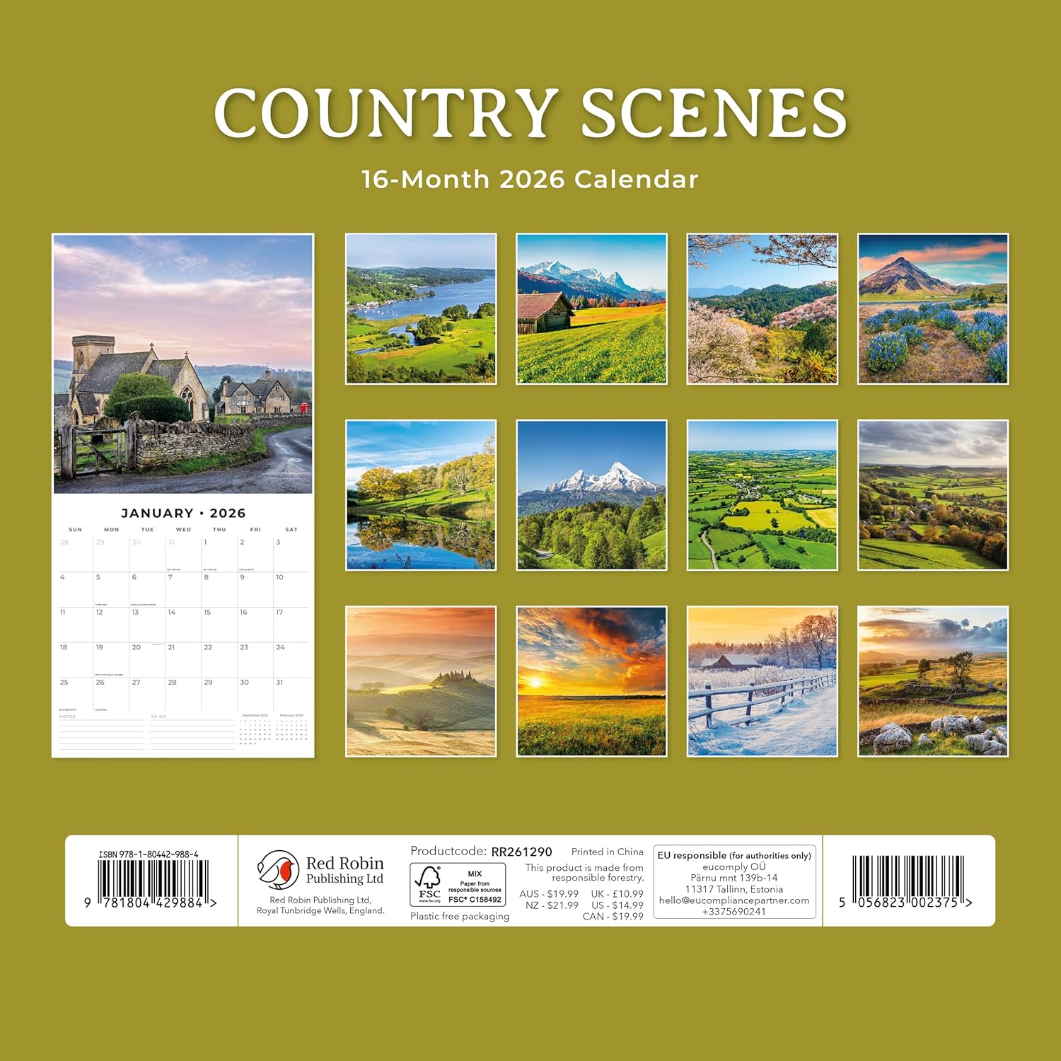 Red Robin 2026 Country Scenes Monthly Wall Calendar | 12" x 24" Open | Premium Thick & Sturdy Paper | Hangable 12 Month Calendar | Lined Notes & To Do Area | Vivid Images | Plastic Free